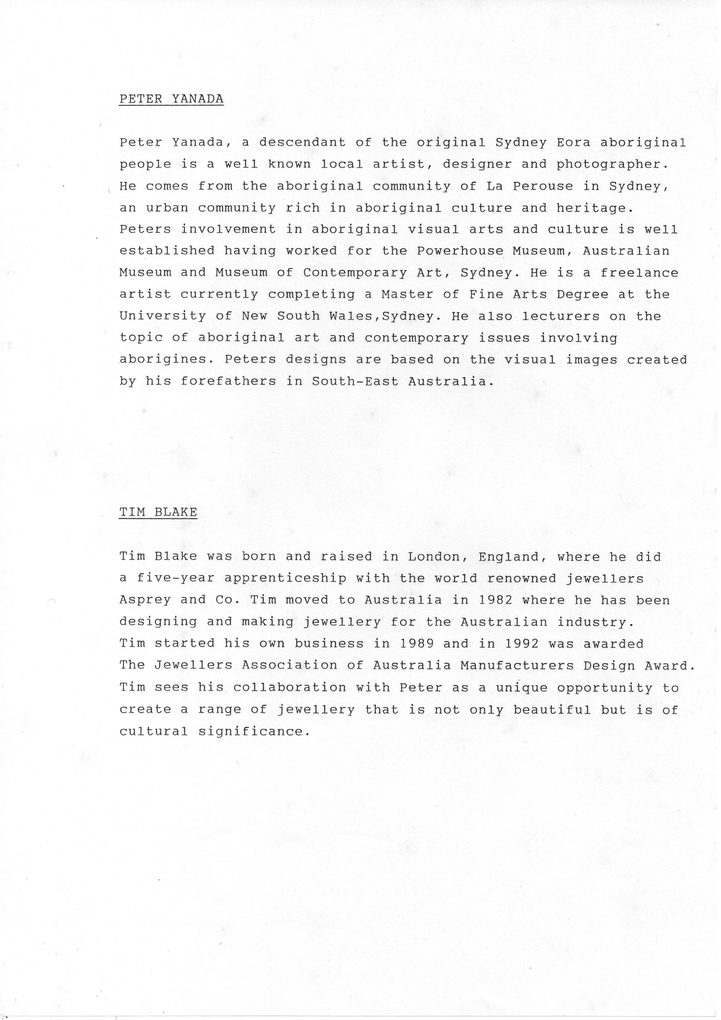 A typed document describing the backgrounds and careers of artists Peter Yanada and Tim Blake, including their origins, work, and accomplishments.