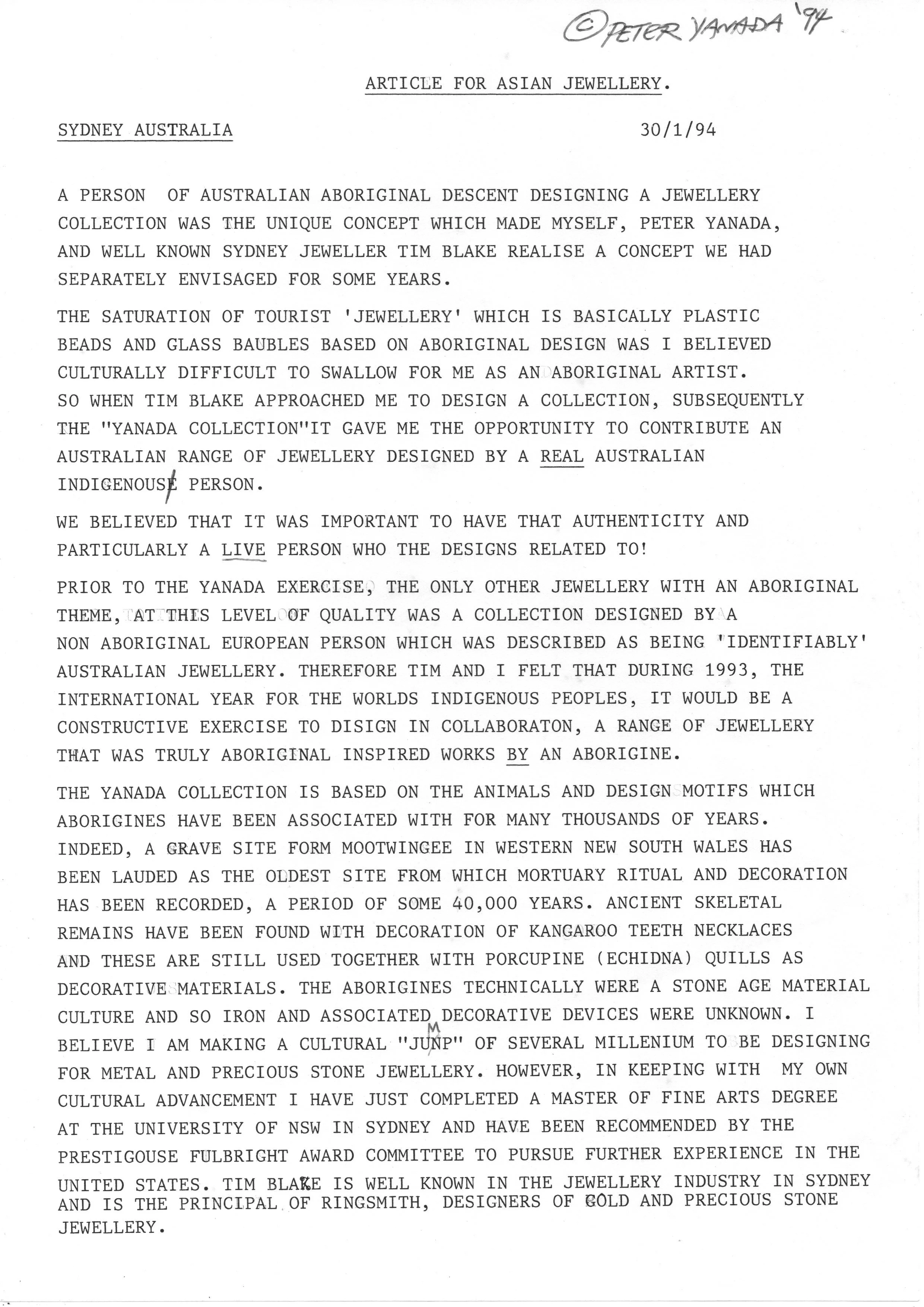 Typed document titled 'Article for Asian Jewellery' dated January 30, 1994, discussing Peter Yanada's Aboriginal-inspired jewelry collection in Sydney, Australia, including design concepts, cultural significance, and the background of the artist.