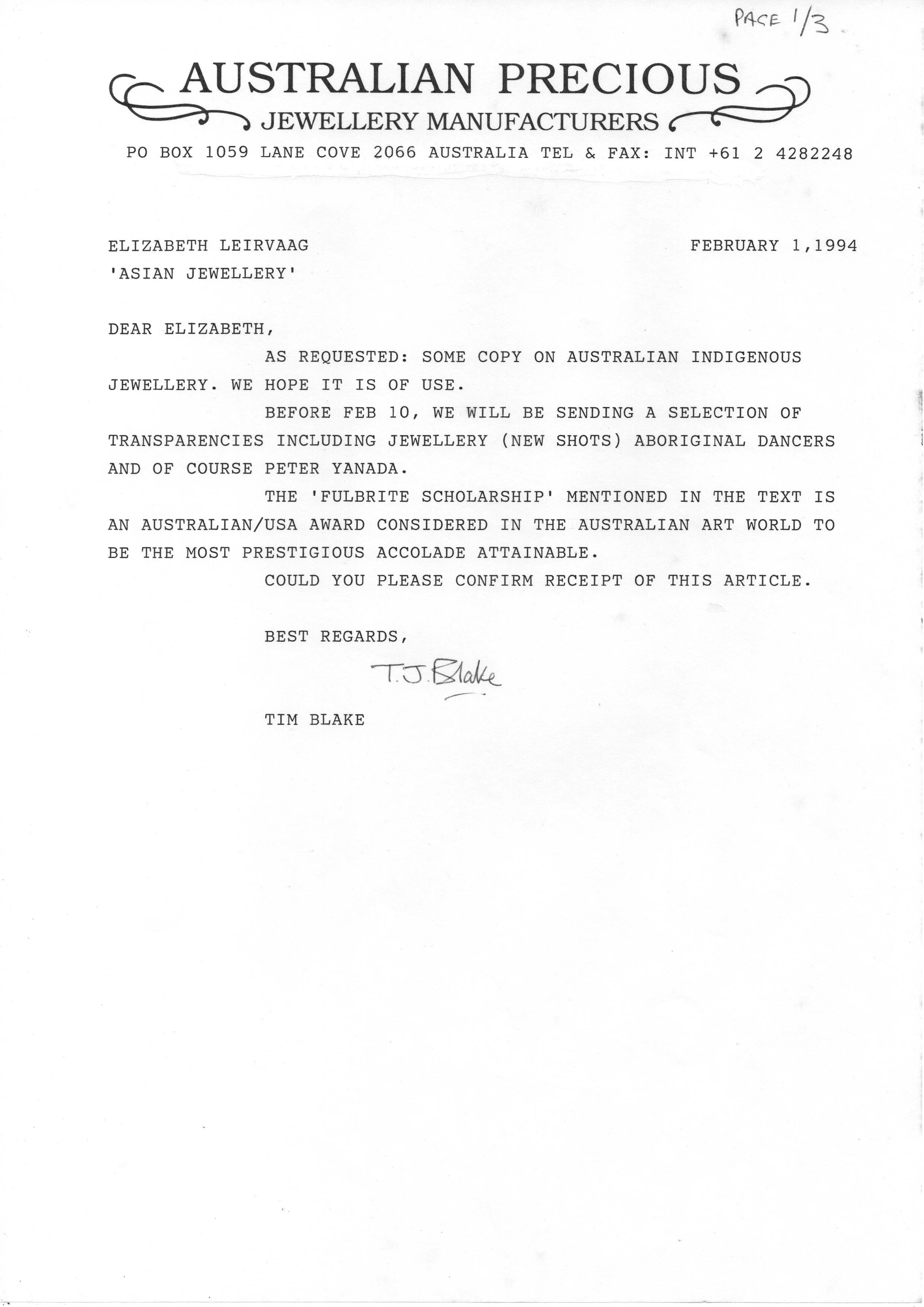 Letter from Australian Precious Jewellery Manufacturers sent to Elizabeth Leirvaag, dated February 1, 1994. The letter discusses Australian Indigenous jewellery, scholarships, and confirms receipt of an article.