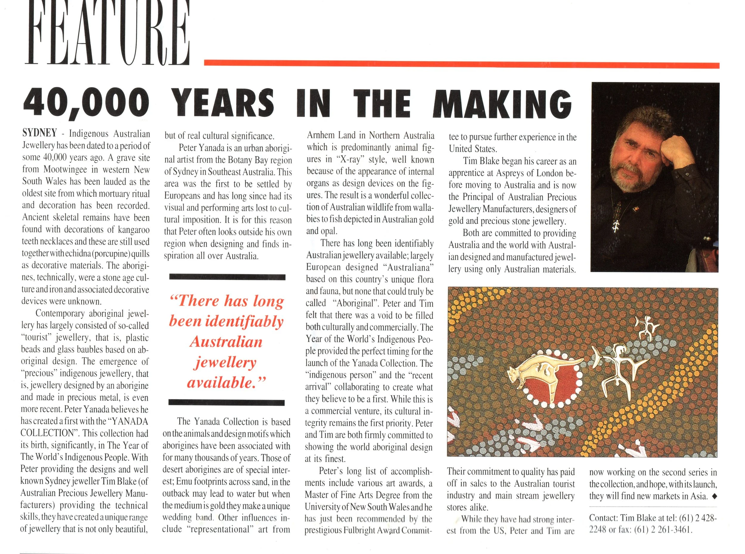 An article about Australian indigenous jewelry with two photographs: one of a man with a beard and gray hair resting his head on his hand, and another showing Aboriginal-style art featuring a kangaroo, figures, and symbols in earth tones.