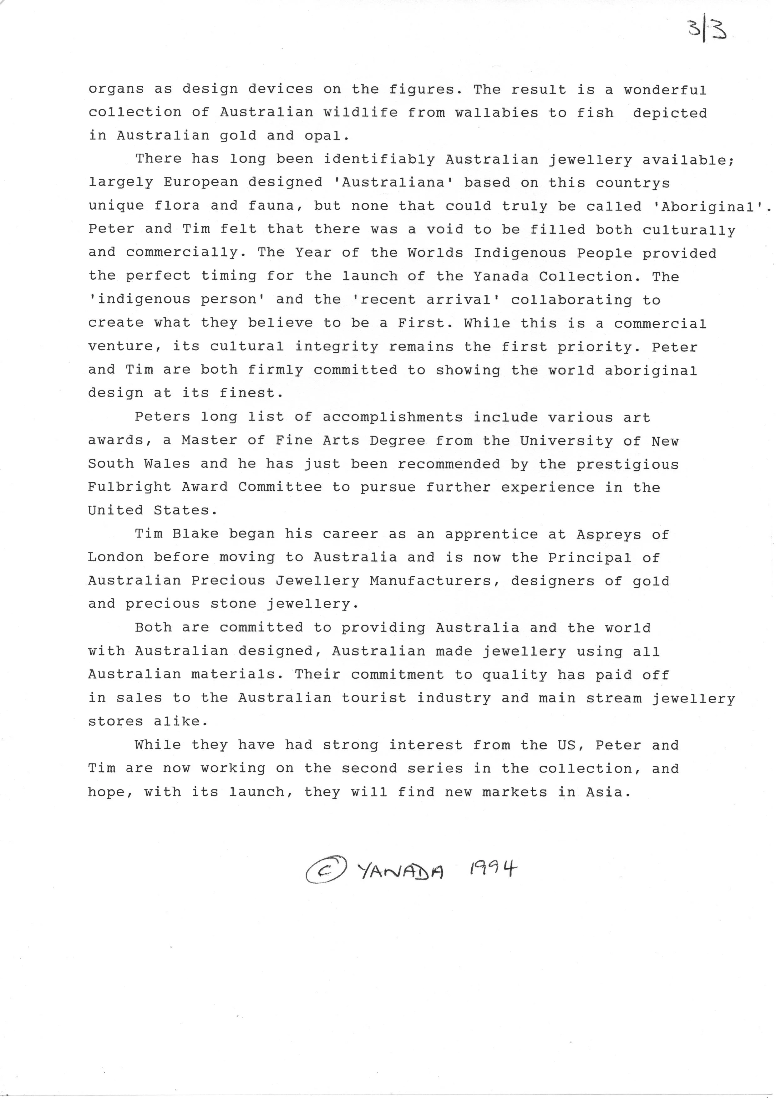 Page 3 of 3 from a typed document discussing Aboriginal Australian jewelry, awards, careers of Peter and Tim, and their contribution to Australian jewelry design, with a handwritten signature and date of 1994.