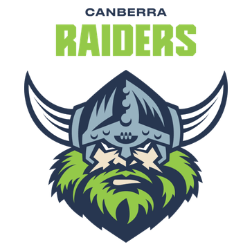 Logo of Canberra Raiders, a sports team, featuring a Viking helmet with horns, a fierce face with glowing eyes, and a green and blue color scheme. The text 'CANBERRA RAIDERS' appears above the logo.