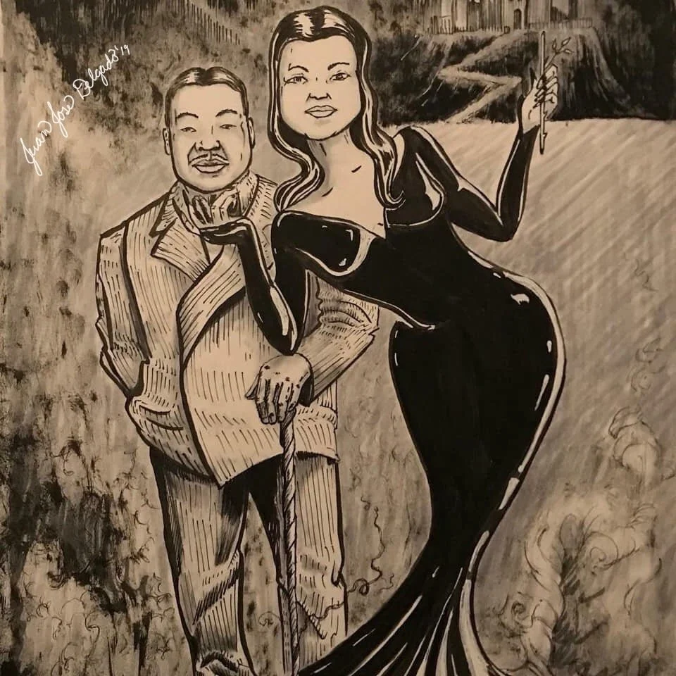 Gomez and Morticia. Pen and ink. 5in x 8in paper. 2017.