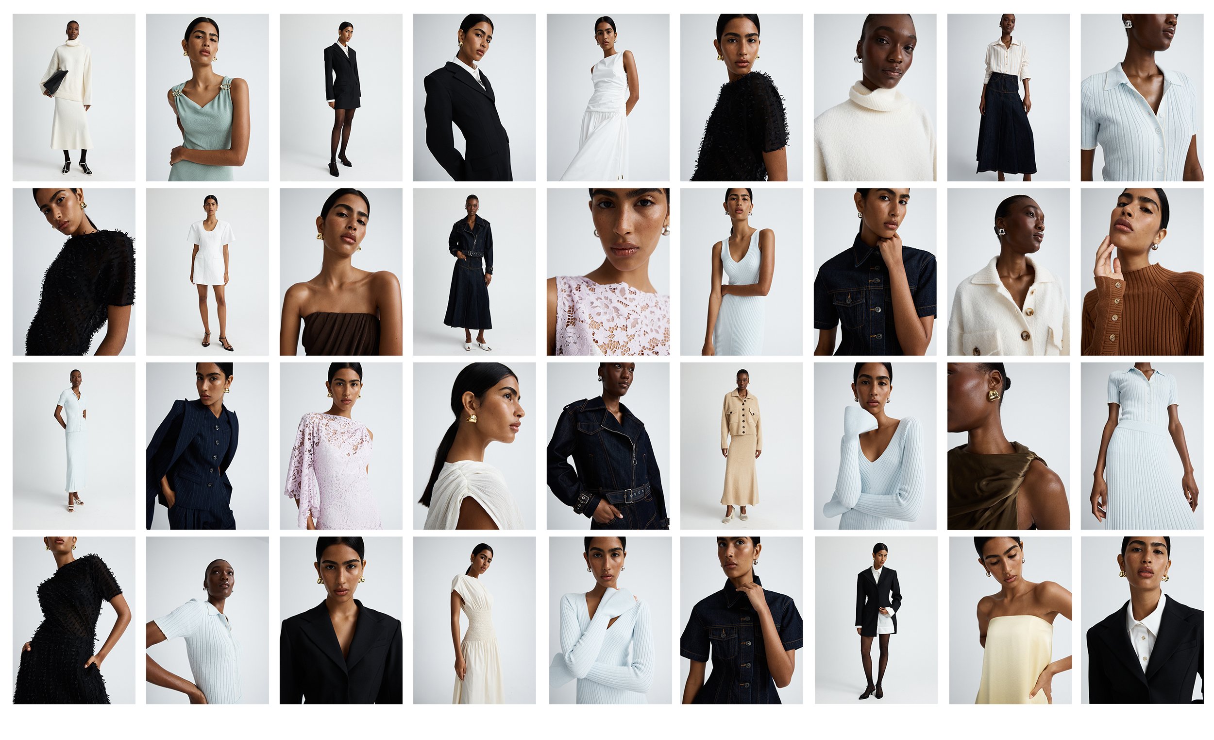 A collage of fashion model photos showcasing various stylish outfits, including dresses, blouses, skirts, and jackets, all in a minimalist studio setting with a white background.