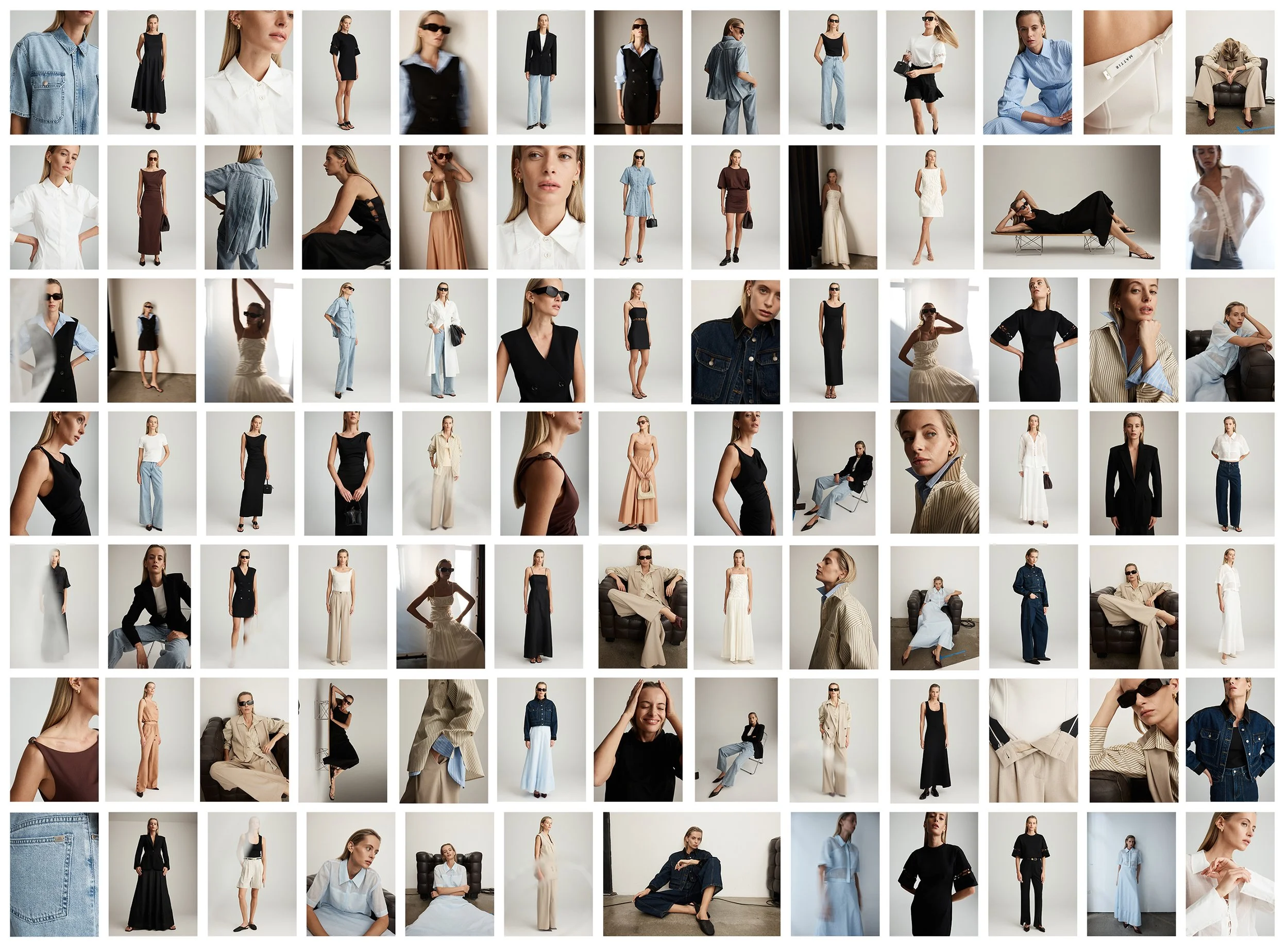 Collage of various women modeling fashion outfits and accessories in different poses and settings.