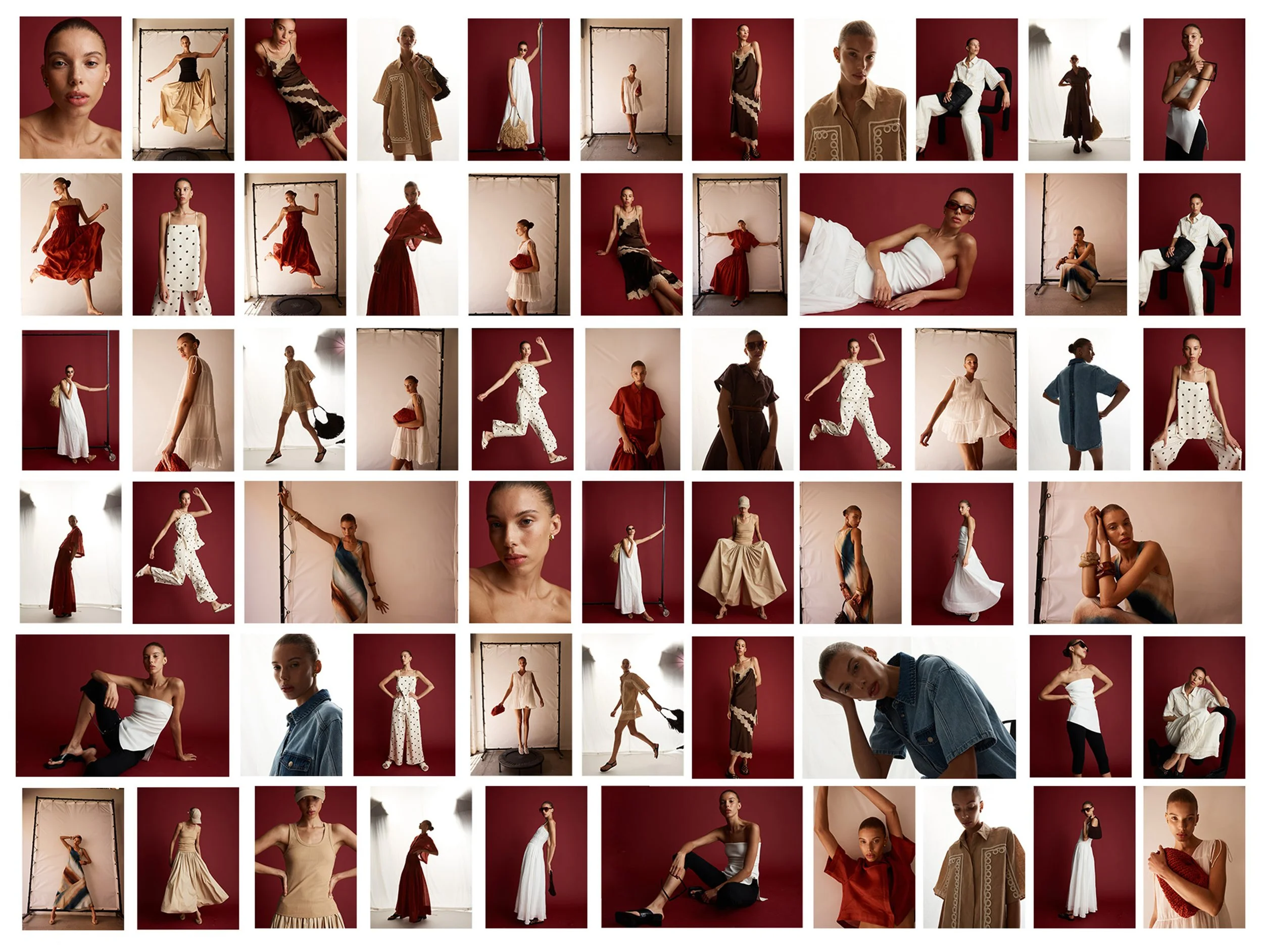 Collage of fashion models posing against red or white backdrops, showcasing various outfits and accessories, with some models in casual and others in elegant or artistic attire.