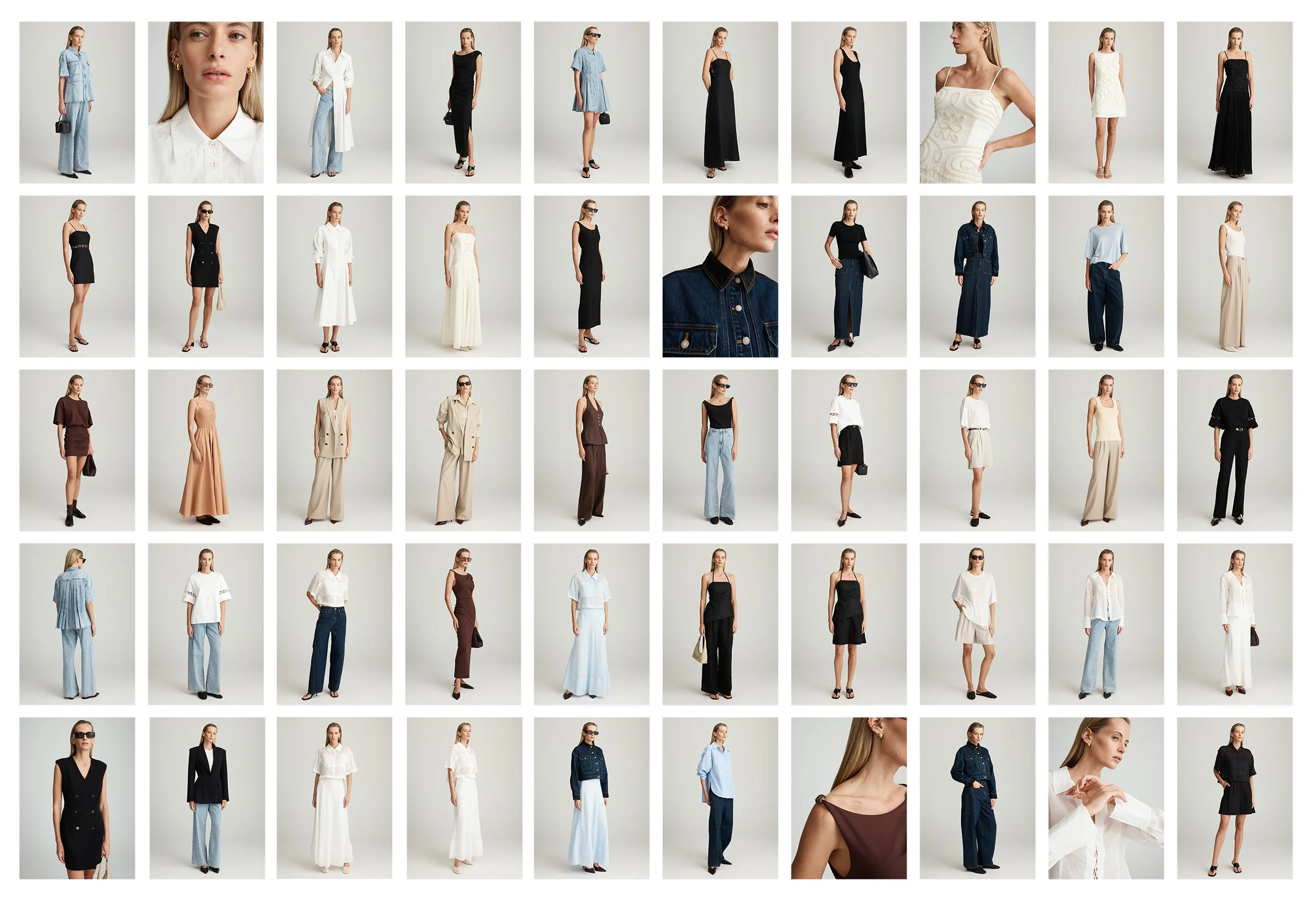 A collage of women modeling various fashion outfits, including casual, formal, and business attire, in different poses against a plain white backdrop.