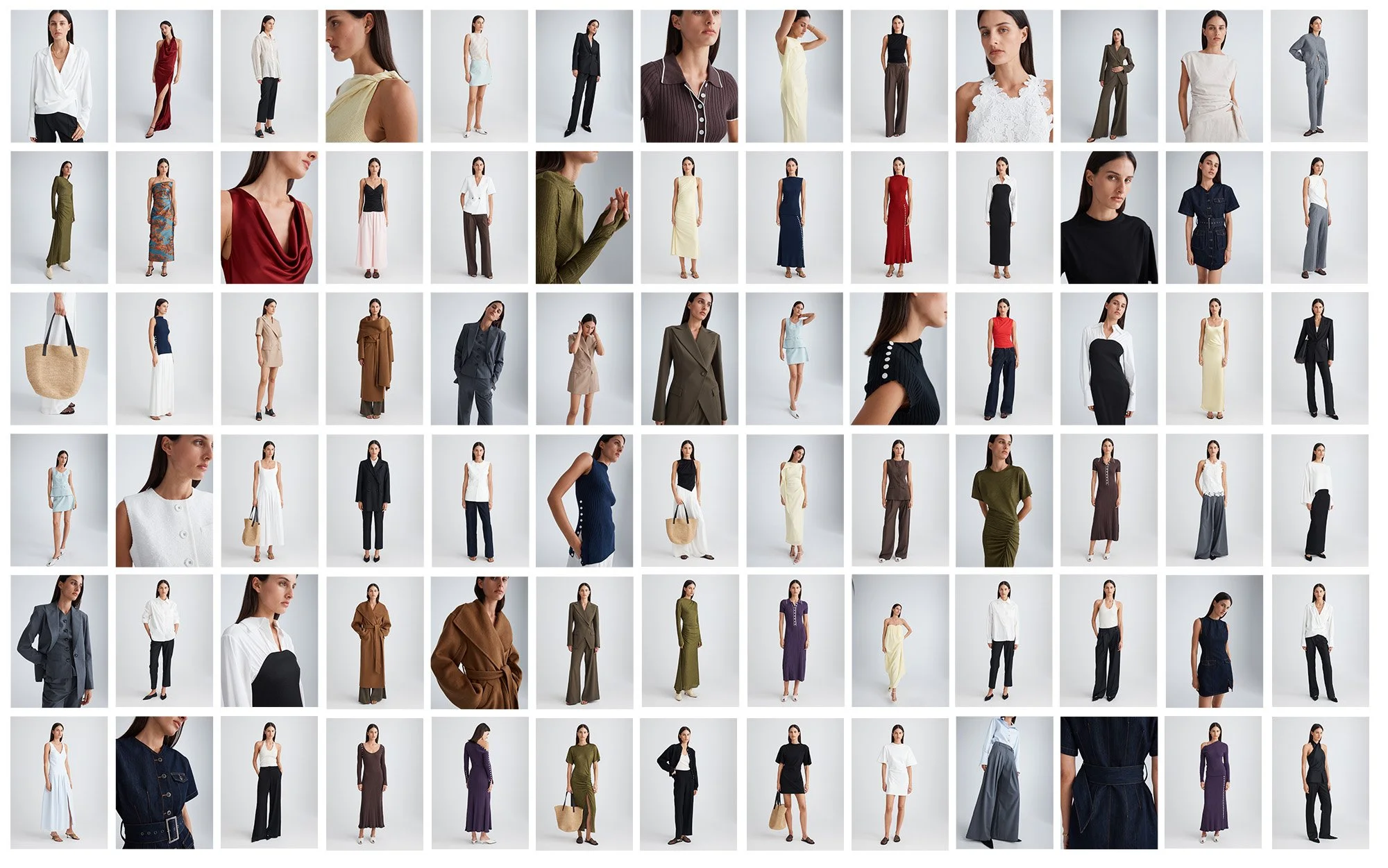 A collage of various women's fashion outfits displayed on models, including dresses, skirts, tops, blouses, pants, suits, bags, and sweaters in diverse colors and styles.