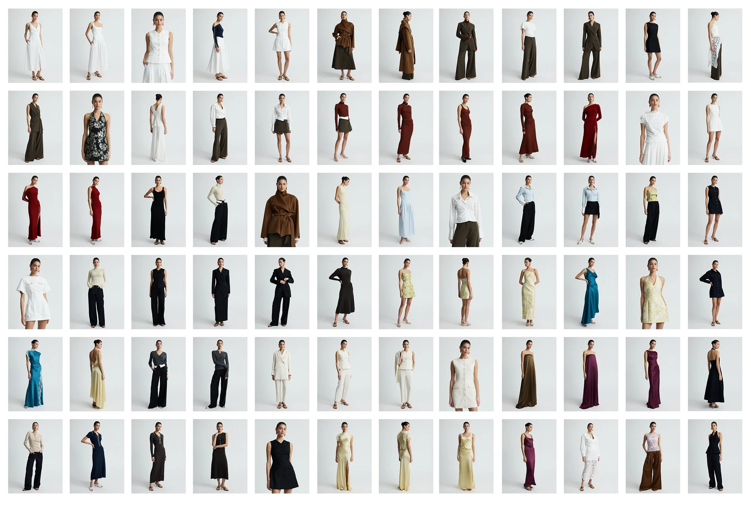 A collage of various women wearing different fashion outfits, including dresses, skirts, trousers, suits, and tops, styled in different colors and fabrics, posed against a plain white background.