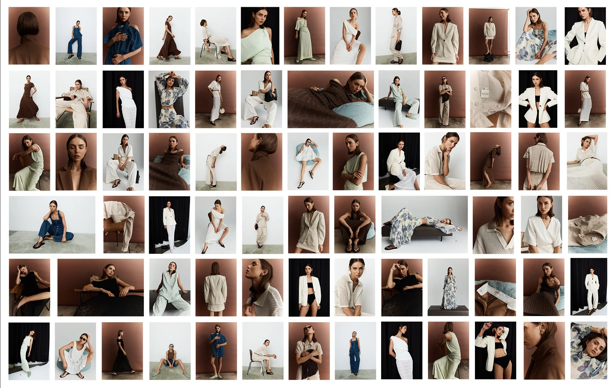 A collage of multiple images of women modeling various fashion outfits, posing individually against plain backdrops in different stances and outfits.