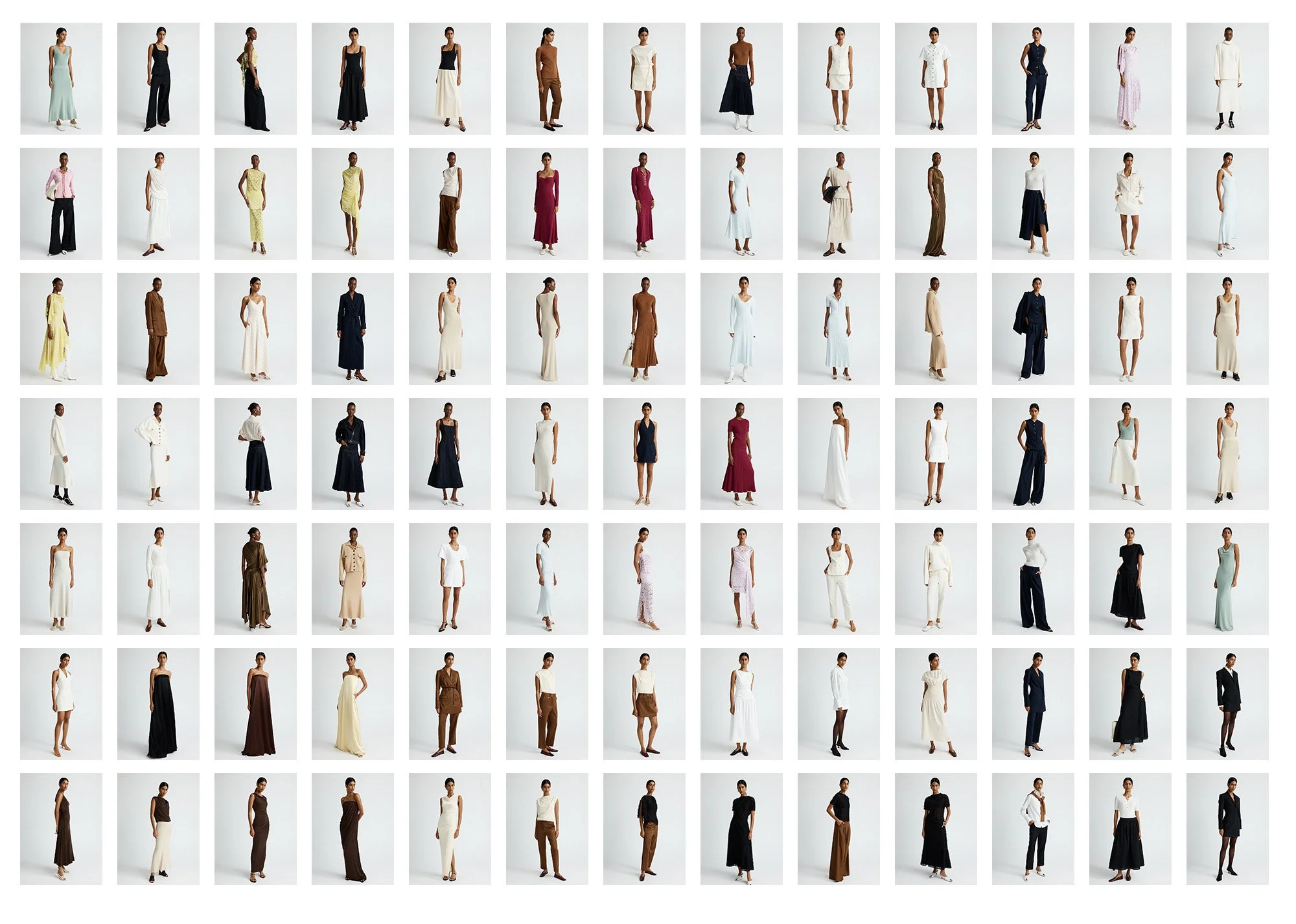 A collage of 80 models showcasing various fashion outfits, including dresses, pants, skirts, and tops, in different colors and styles.