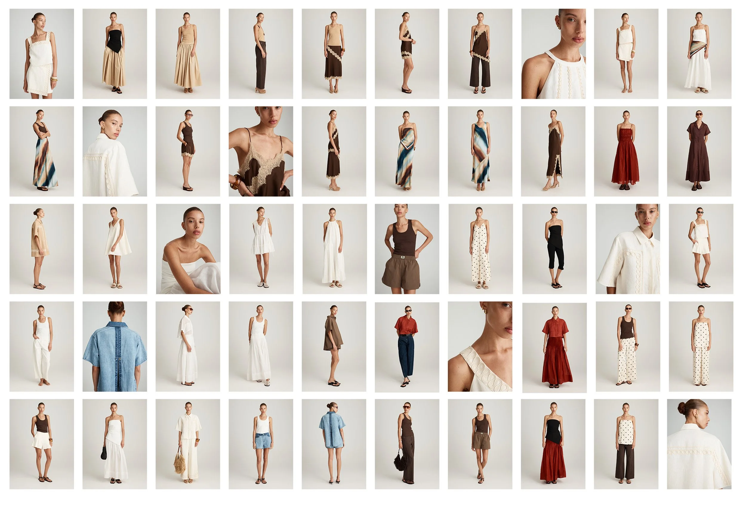 A collage of various female models showcasing different summer and casual outfits, including dresses, skirts, shorts, and tops, in neutral, white, brown, and red tones, photographed against a plain background.