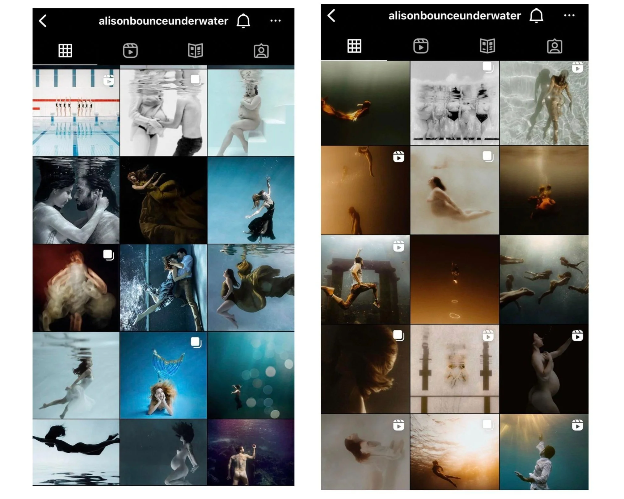 Screenshots of an Instagram profile named 'alisonbounceundwater' showing underwater and water-related photos of a woman and a man, with some images featuring dancing and artistic poses.