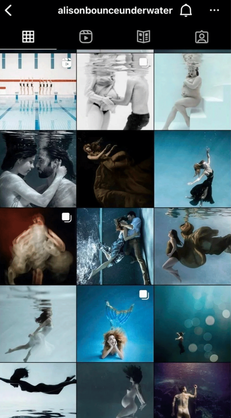 A collage of underwater photographs featuring dancers and models in various poses and outfits.