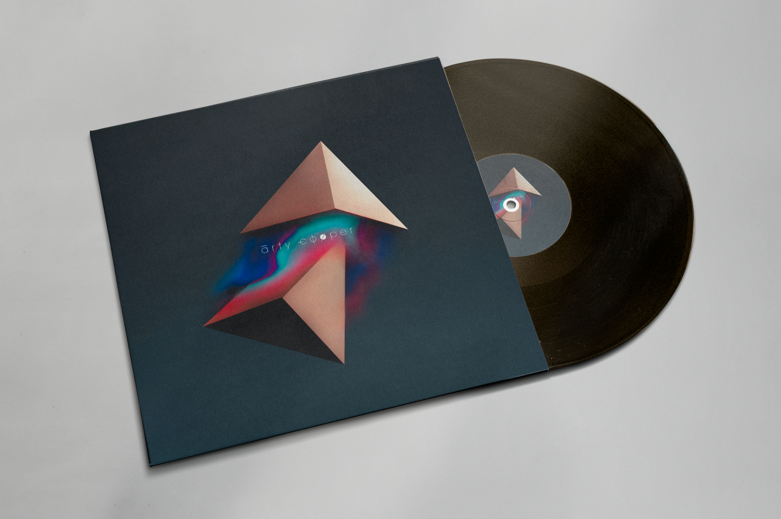 Vinyl record and album cover for 'Party Eater' featuring an abstract geometric design with a three-dimensional pyramid shape and colorful swirling background.