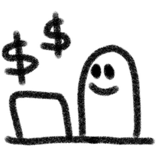 A chalk drawing of a smiling face, a computer monitor, and two floating dollar signs.