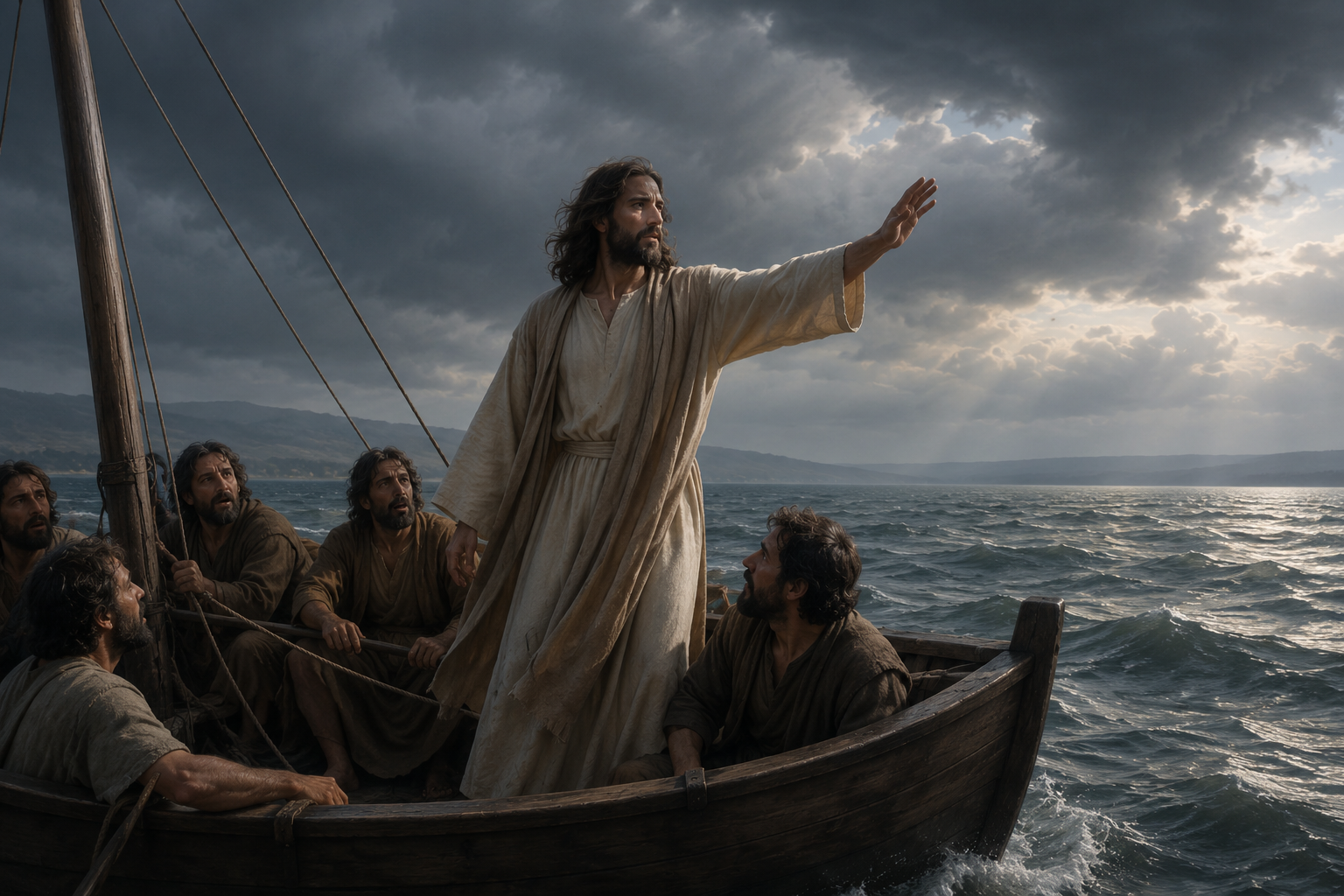 Jesus im Boot, befiehlt dem Sturm und den Wellen, stillt den Sturm als Schöpfer