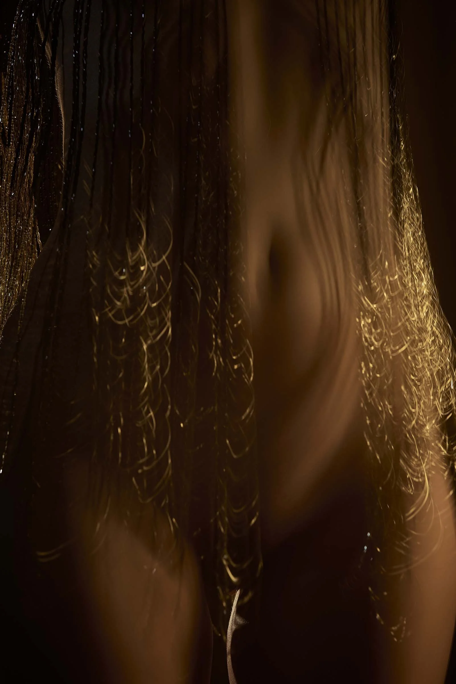 Artistic boudoir portrait featuring a softly obscured silhouette, wet hair and warm golden light.