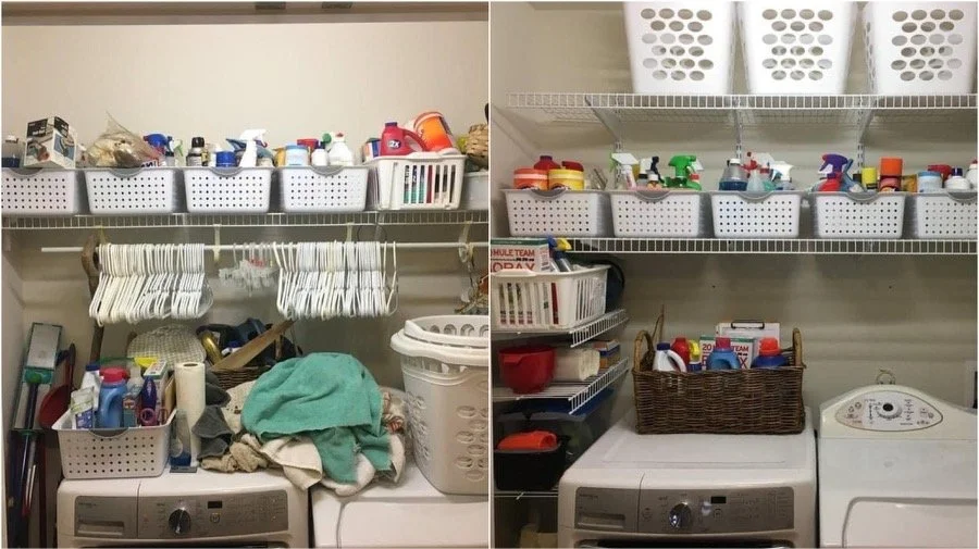 Before-and-after laundry room organization with categorized baskets and clear storage zones