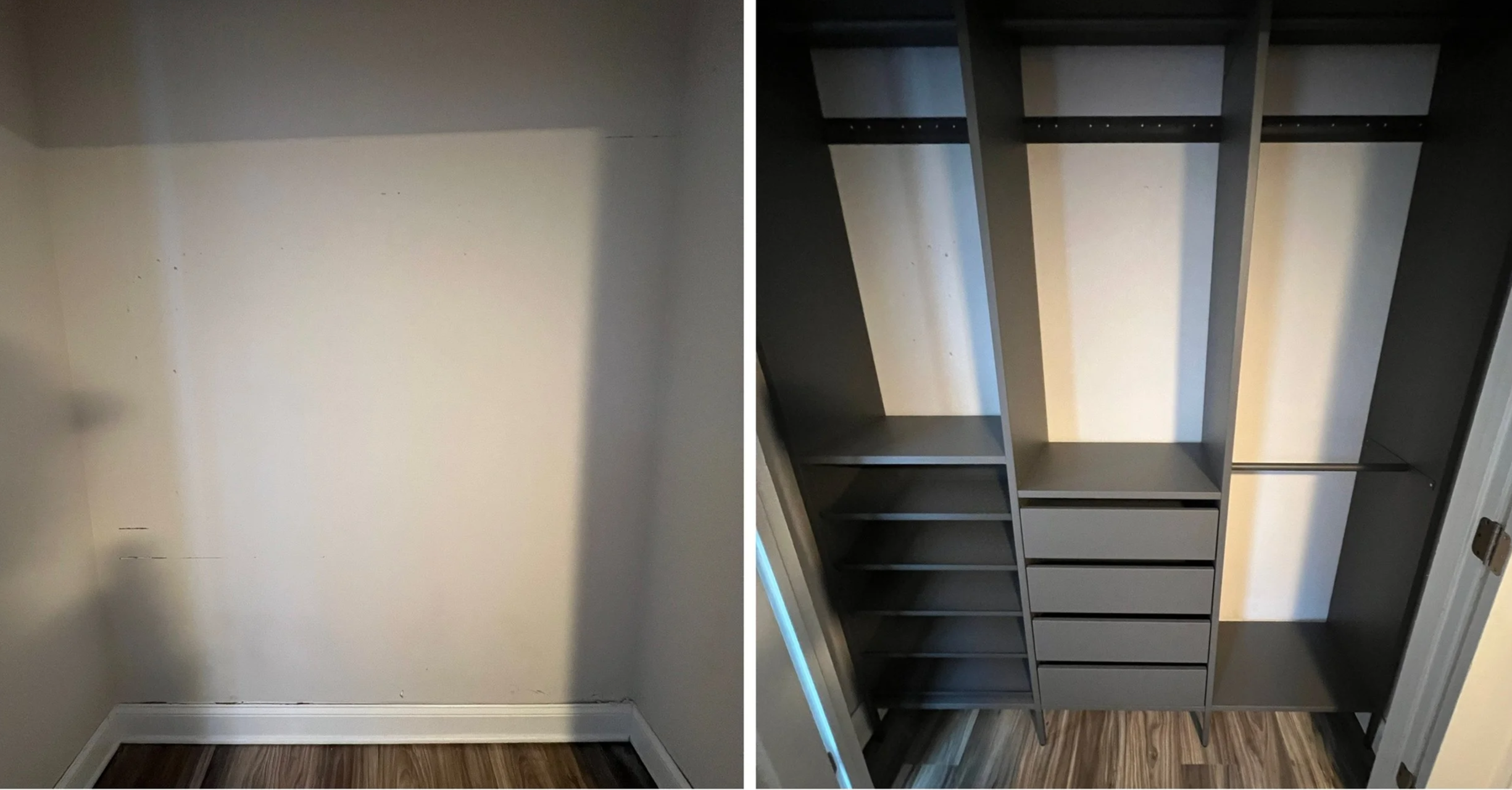 Before and after closet installation showing an empty reach-in closet transformed with dark gray shelving, drawers, and hanging space.