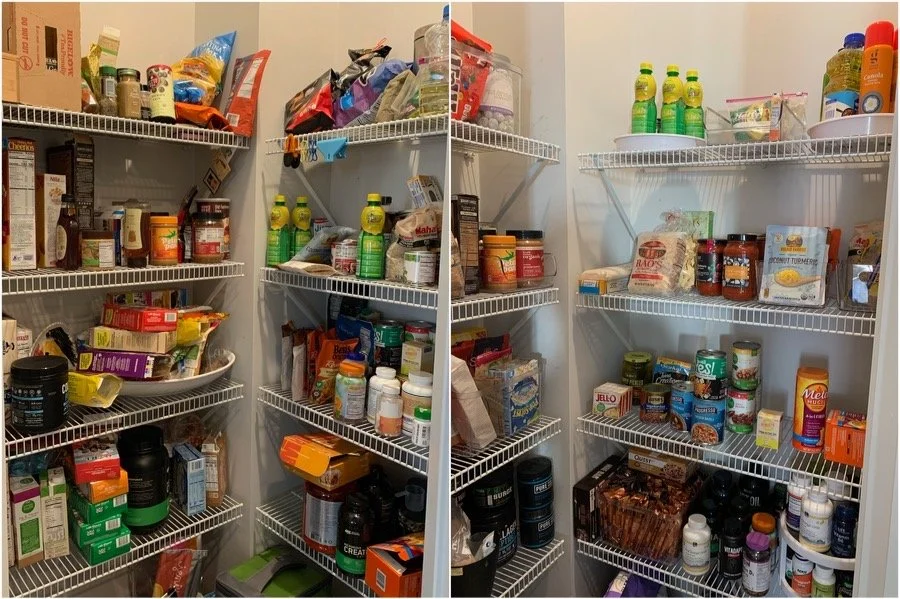 Cluttered walk-in pantry with crowded wire shelves before professional organization