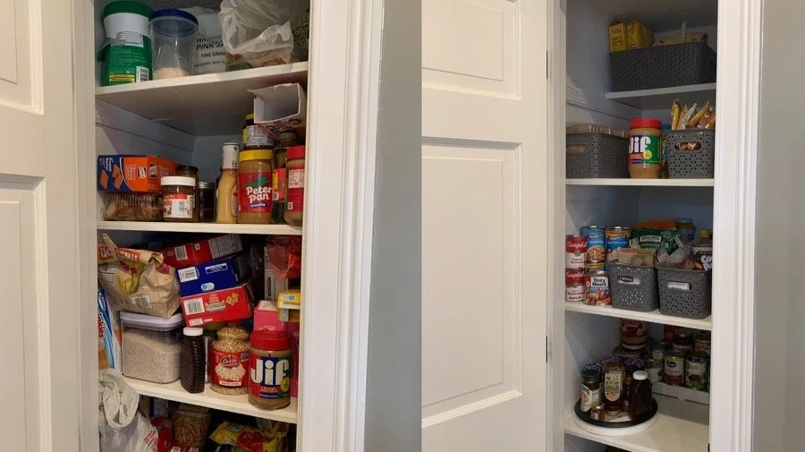 Before-and-after pantry transformation with food grouped into baskets and clear storage zones