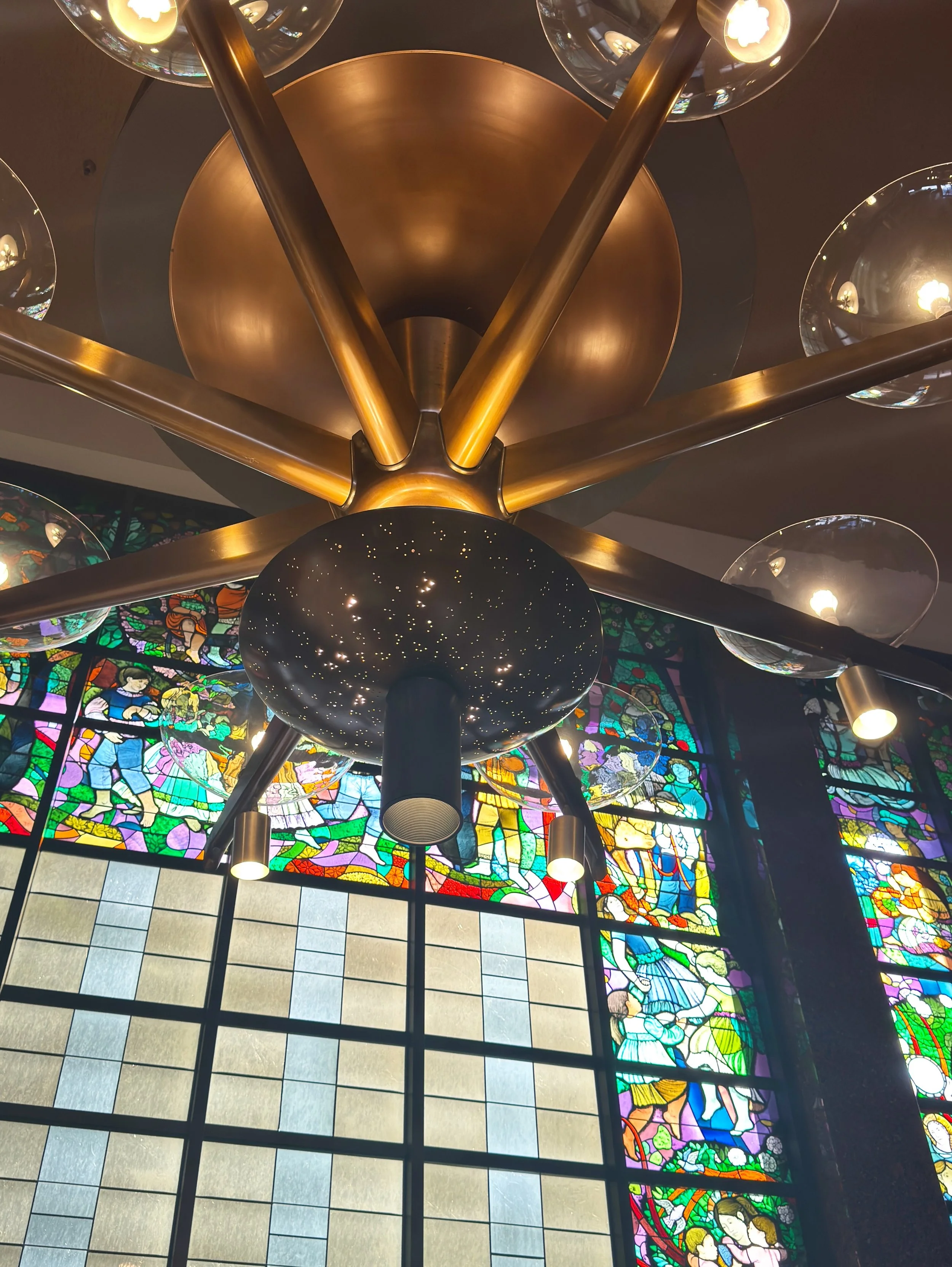 Banking history. This 1977 Millard Sheets moment is why I always skip the ATM and go straight inside. 

The stained glass, the mosaics, and the inscription:
"San Francisco: Magnetic and beautiful, grew on land once home to Native Americans, host