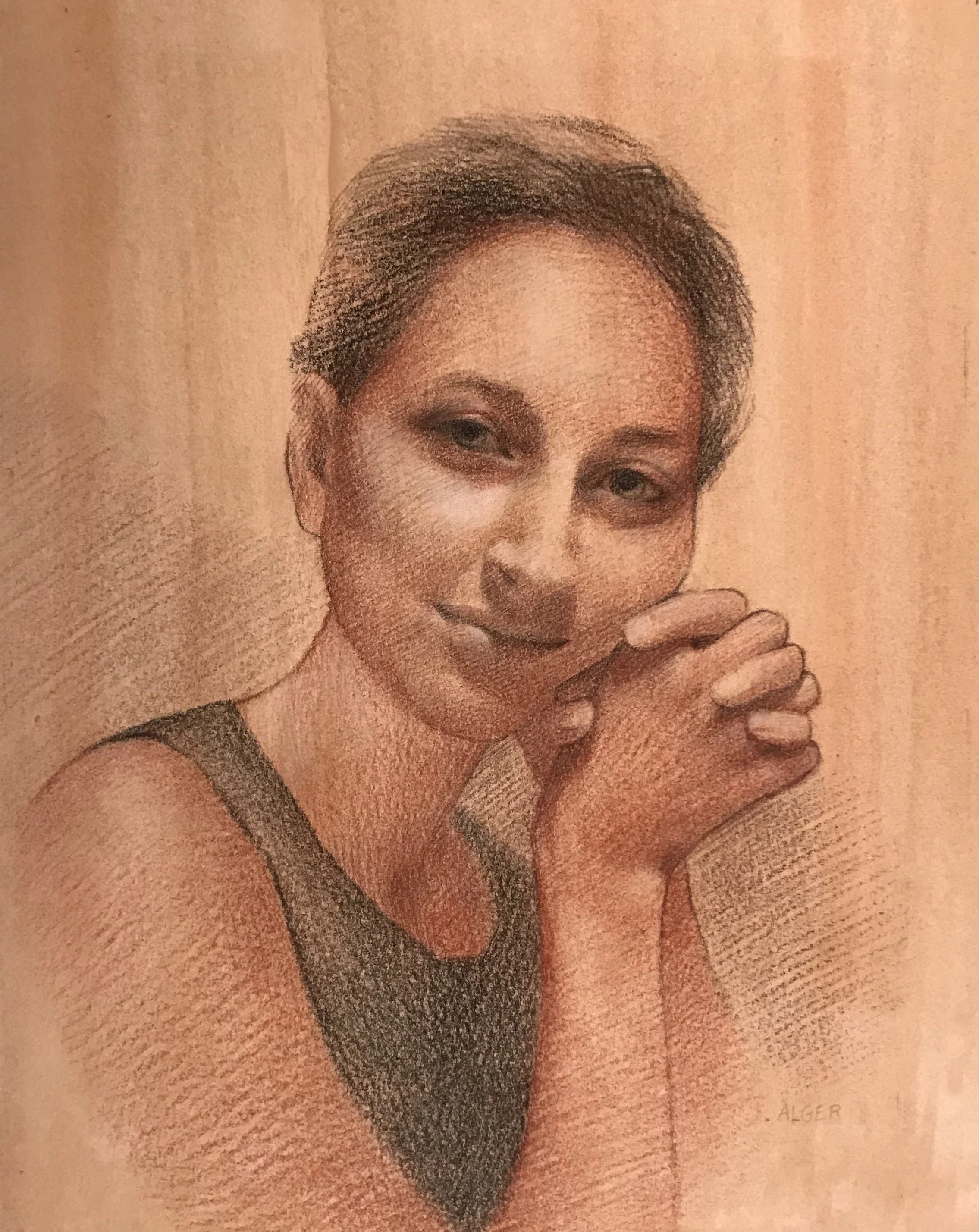 Ms. Pierce  
9 × 8”  
Sanguine and Charcoal on toned Fabriano paper  
Purchased through The Copley Society of Art by The Langham Hotel, Boston, for their permanent collection, 2021