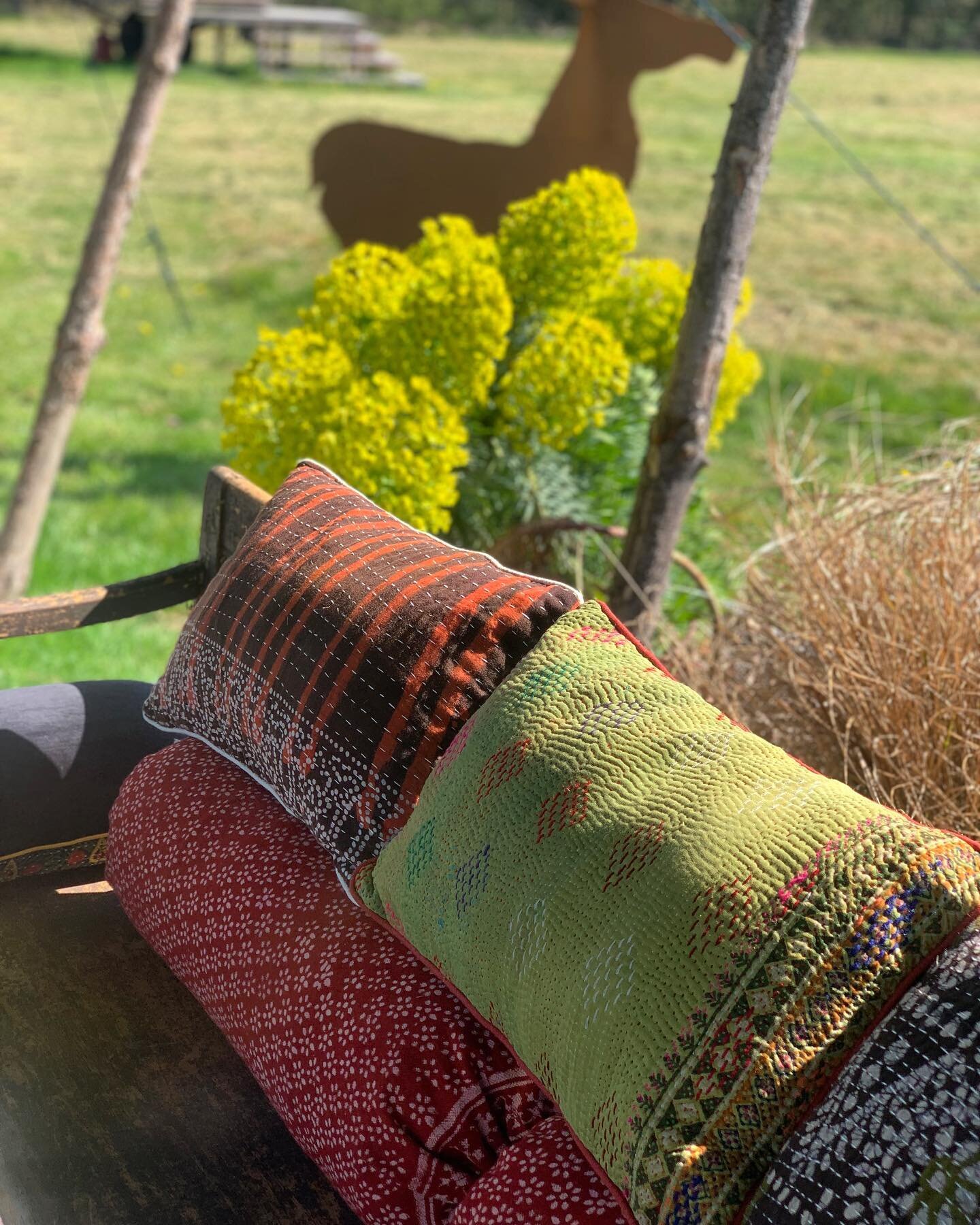 S P R I N G

o n &bull; t h e &bull; p r a i r i e 

With the canvas canopy up again over the decked seating area and the euphorbias looking resplendent , it really is Springtime again on the Prairie.
And how gorgeous do these stunning cushions desig