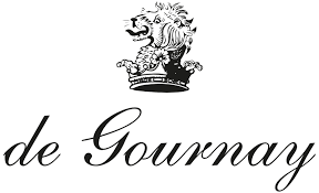 Stylized text reading 'de Gournay' with a decorative crest featuring a lion and shield above it