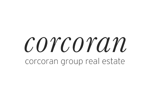 Logo for Corcoran Group Real Estate with the word 'corcoran' in cursive and 'corcoran group real estate' in small print underneath.