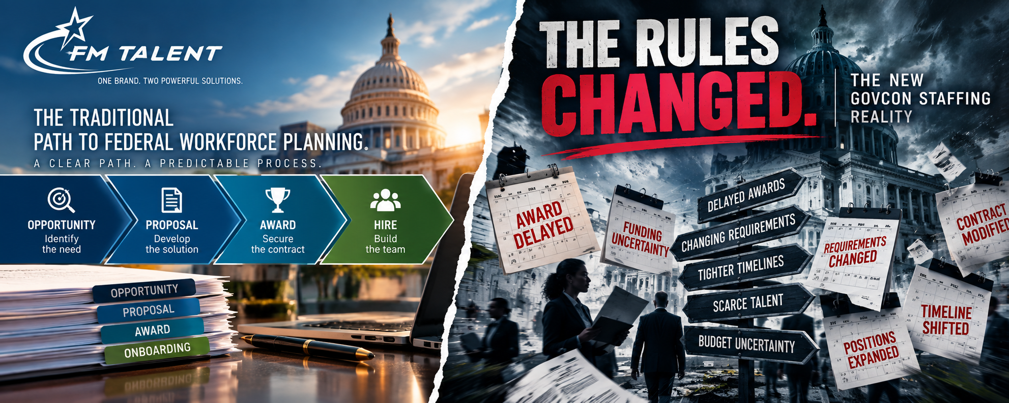 split screen of traditional path to federal workforce and The rules changed.