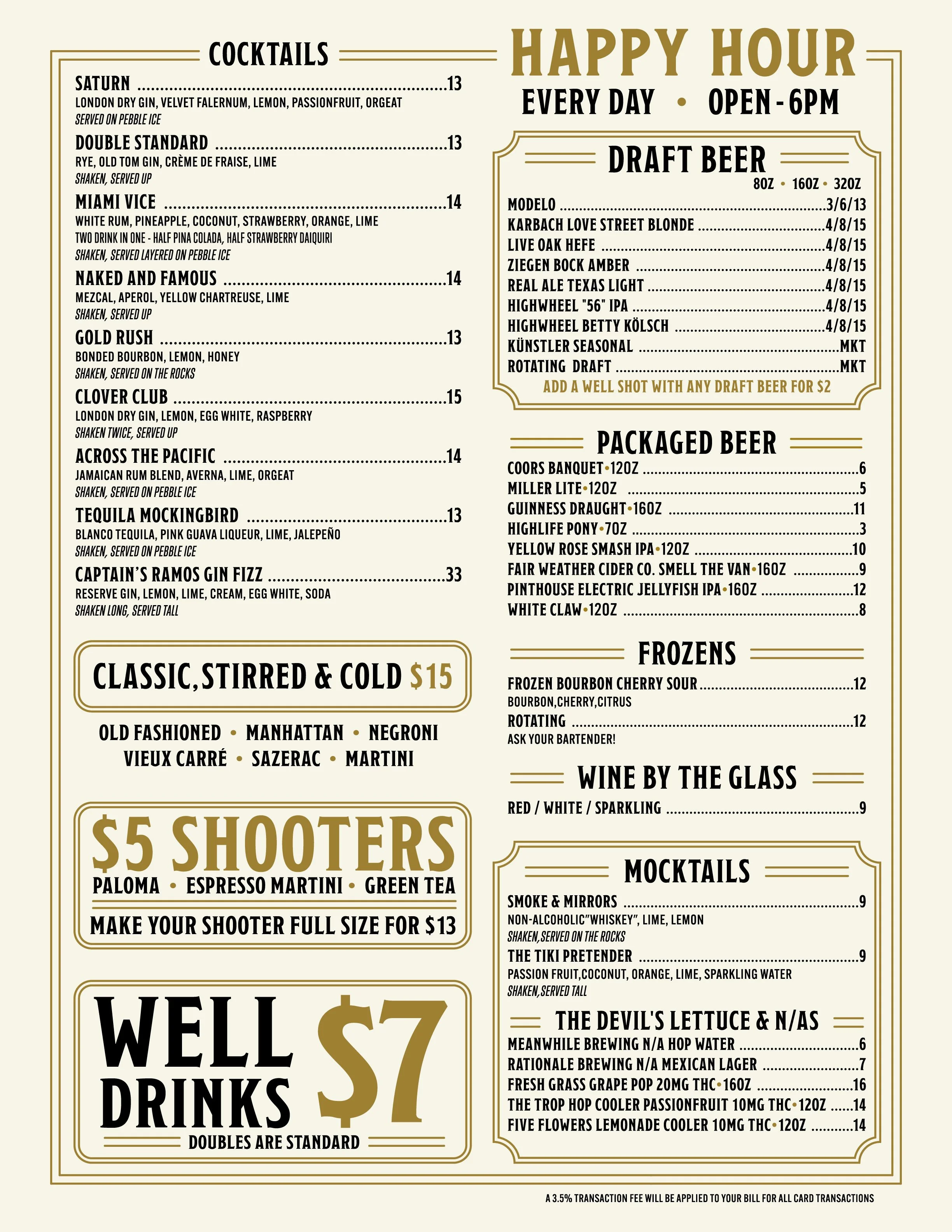 Double Standard San Antonio Cocktail Beer and Drink Menu