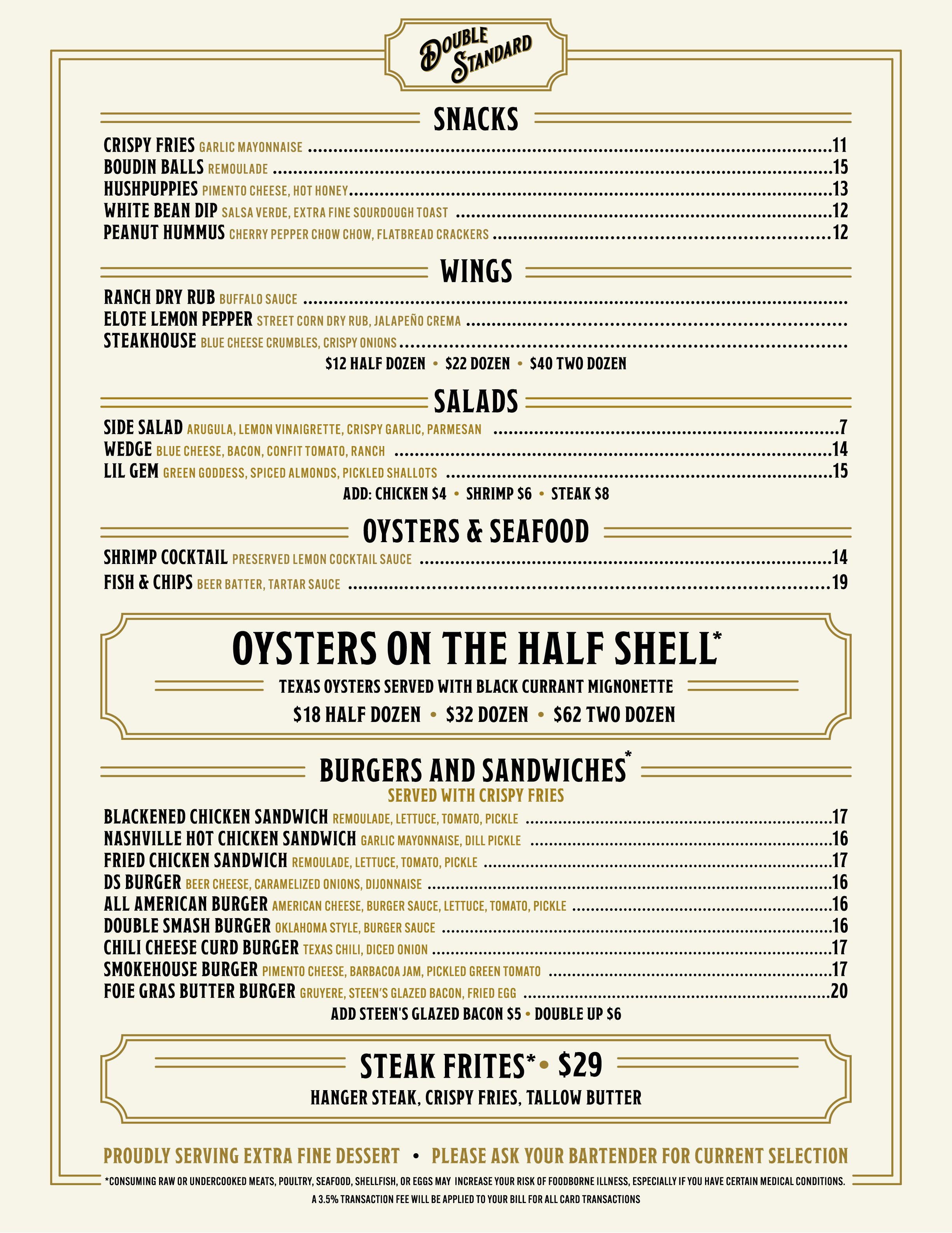 Double Standard San Antonio Food Menu