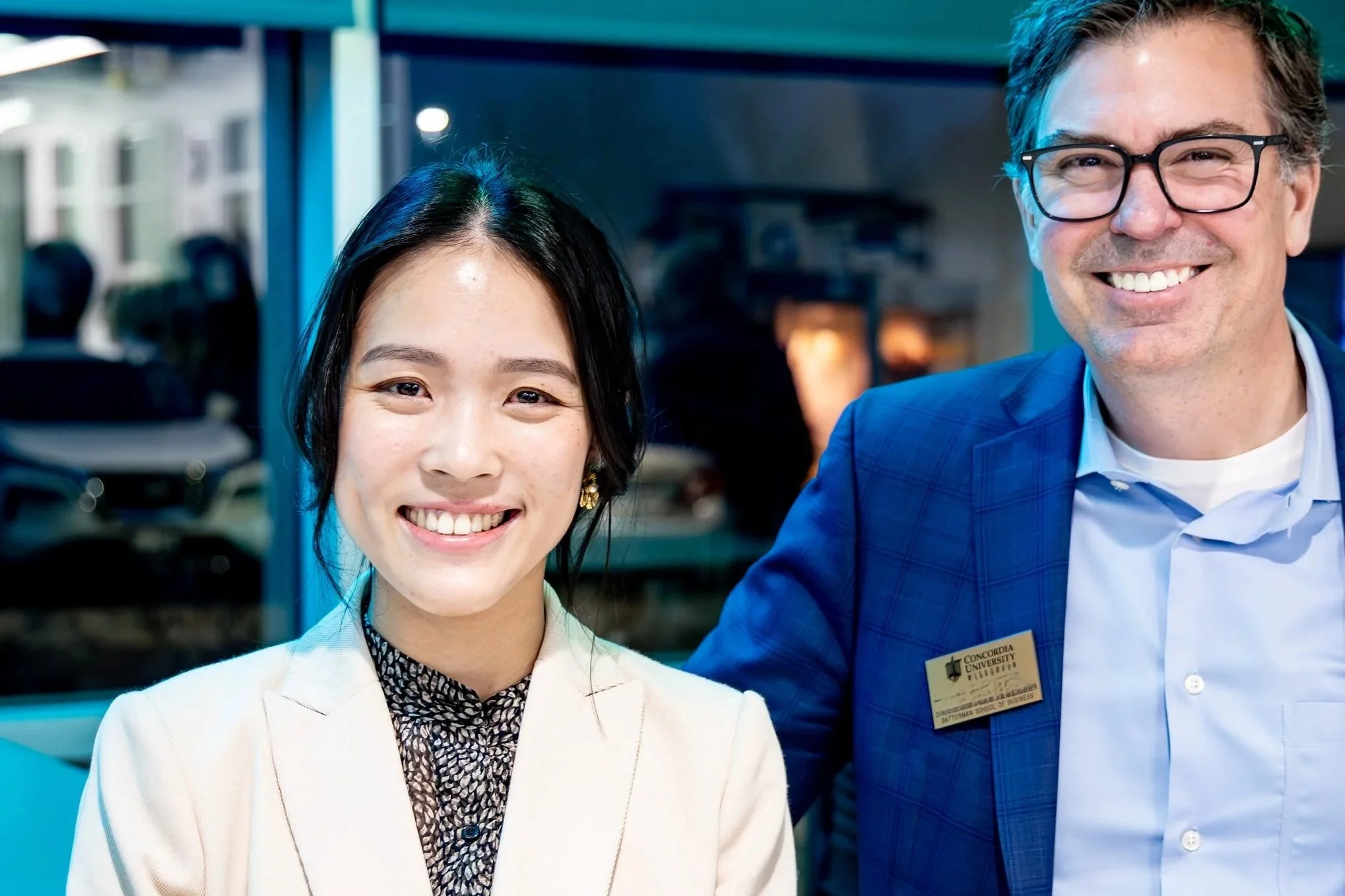Hong Kong dissident Frances Hui with a professor at Concordia University Wisconsin.