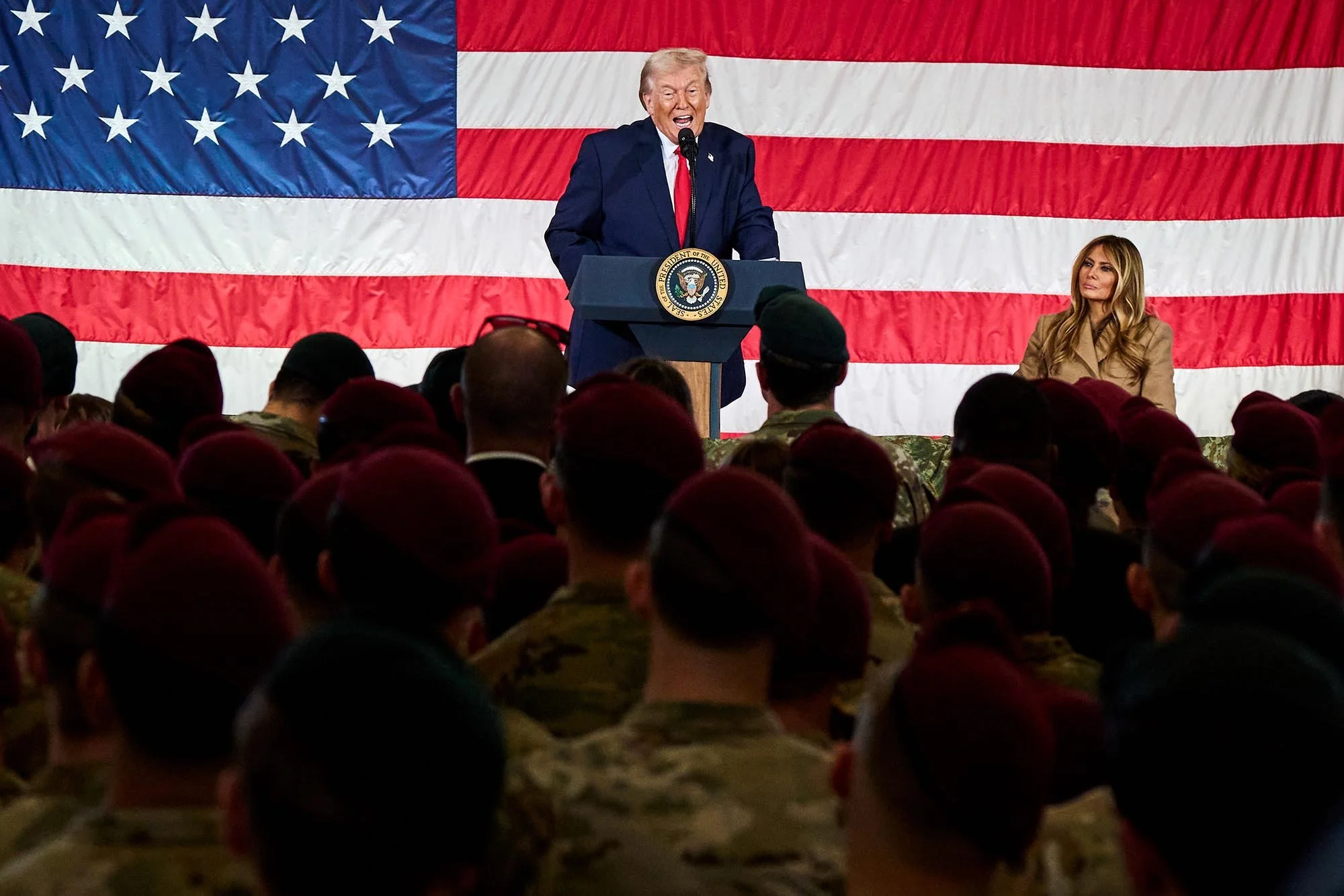President Donald Trump speaks to members of the Army and their families at Fort Bragg in Fayetteville, NC. (for AP)