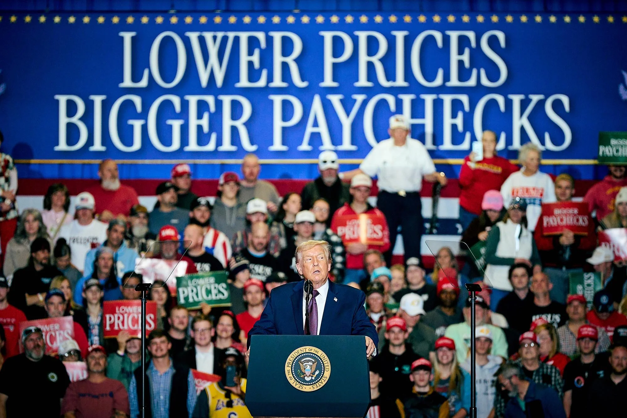 President Trump speaks to a supportive crowd (in a newly gerrymandered district) championing his economic policies despite most Americans feeling poorly about the state of the economy. (for WUNC/NPR)