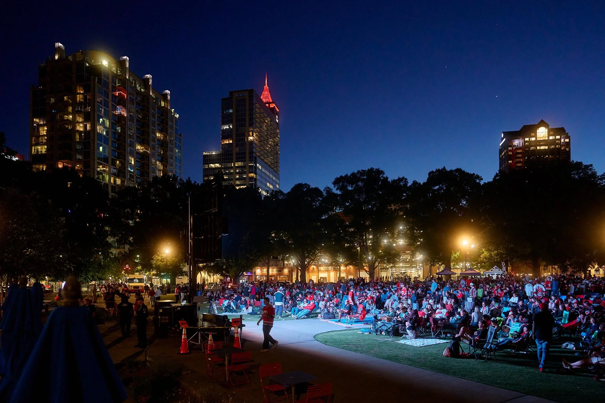 Carolina Hurricanes fans gather in downtown Raleigh for a Stanley Cup Finals watch party. (for WUNC/NPR)