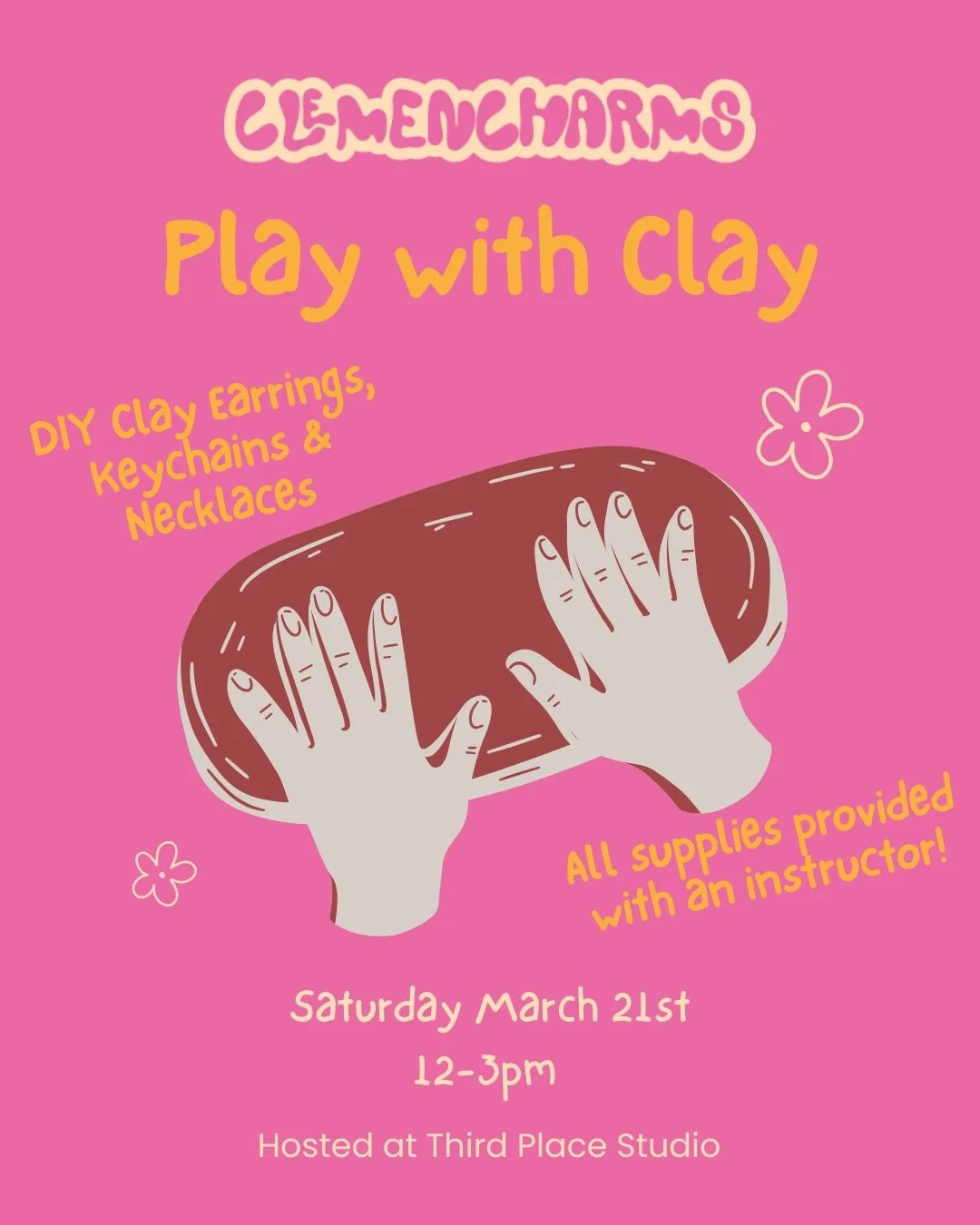 Clemencharms x Third Place Studio are teaming up to bring you Play with Clay: a polymer clay workshop!

Join us for a hands-on creative session where you&rsquo;ll design and make your own earrings, necklaces, keychains, hair clips, miniatures or magn