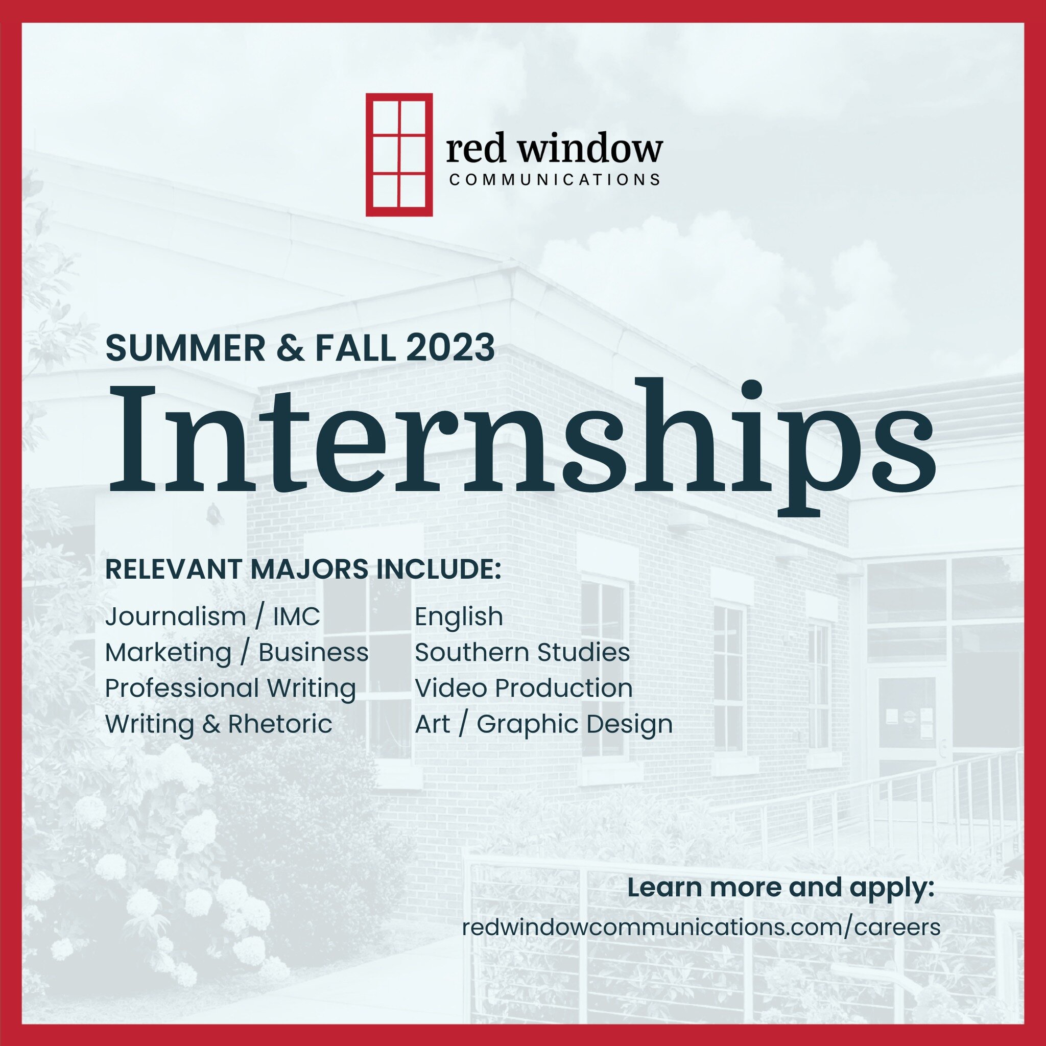 Remember to apply for our summer and fall 2023 internships! Students will get real-world experience in a small agency setting with exposure to a variety of clients and industries.

Deadlines to apply are March 20 for summer internships and April 15 f