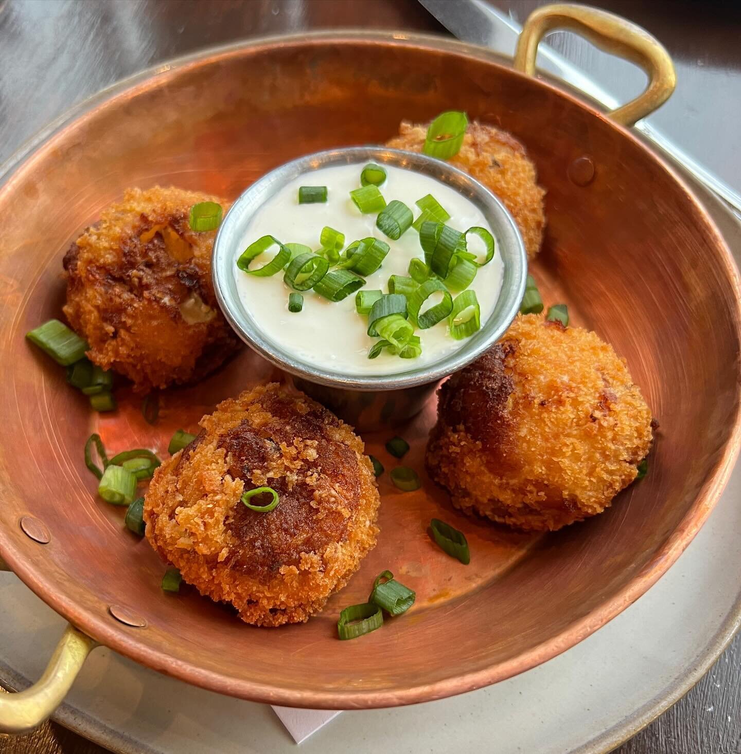 Among tonight&rsquo;s features are these delightful croquettes filled with chanterelle &amp; ch&egrave;vre.  Perfect for dipping in scallion cr&egrave;me fra&icirc;che.