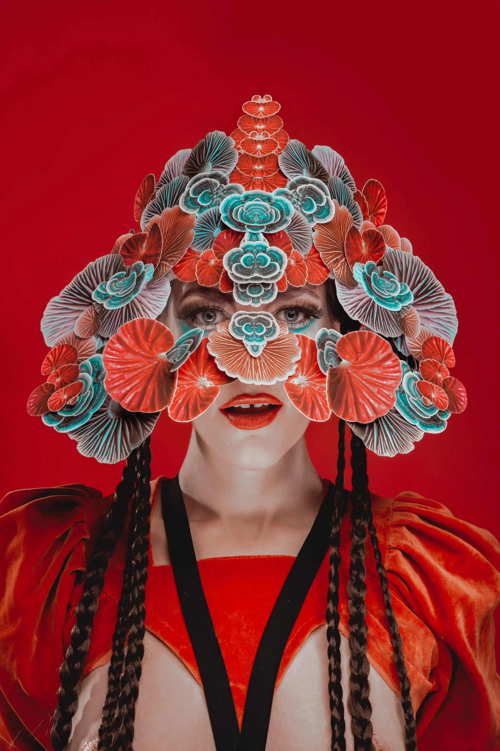 Lucille Spielfuchs wearing mushroom mask by Sharlene Durfey photo by the Naked Moon