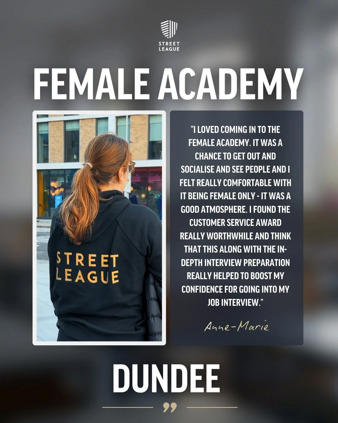 👋 Meet Anne-Marie - she joined Street League's first Female Academy in Dundee after being referred through the Job Centre. Although she had previous work experience, Anne-Marie had not made it past the interview stage with any of her recent applicat