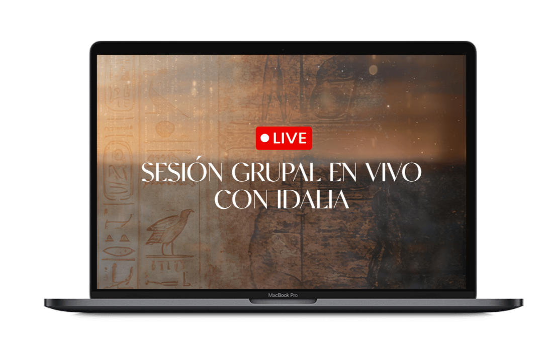 Pantalla de computadora portátil que muestra una transmisión en vivo de una sesión grupal con Idalia, en fondo que tiene jeroglíficos y una figura de un ave.