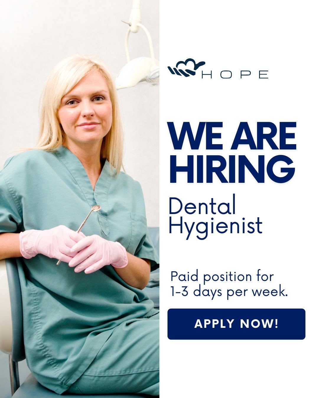 Looking for flexible dental work with meaningful impact? 🦷⁠
⁠
Hope Healthcare is hiring a Dental Hygienist (1&ndash;3 days/week). You&rsquo;ll serve uninsured individuals who truly need access to quality care. Learn more on our website and apply tod