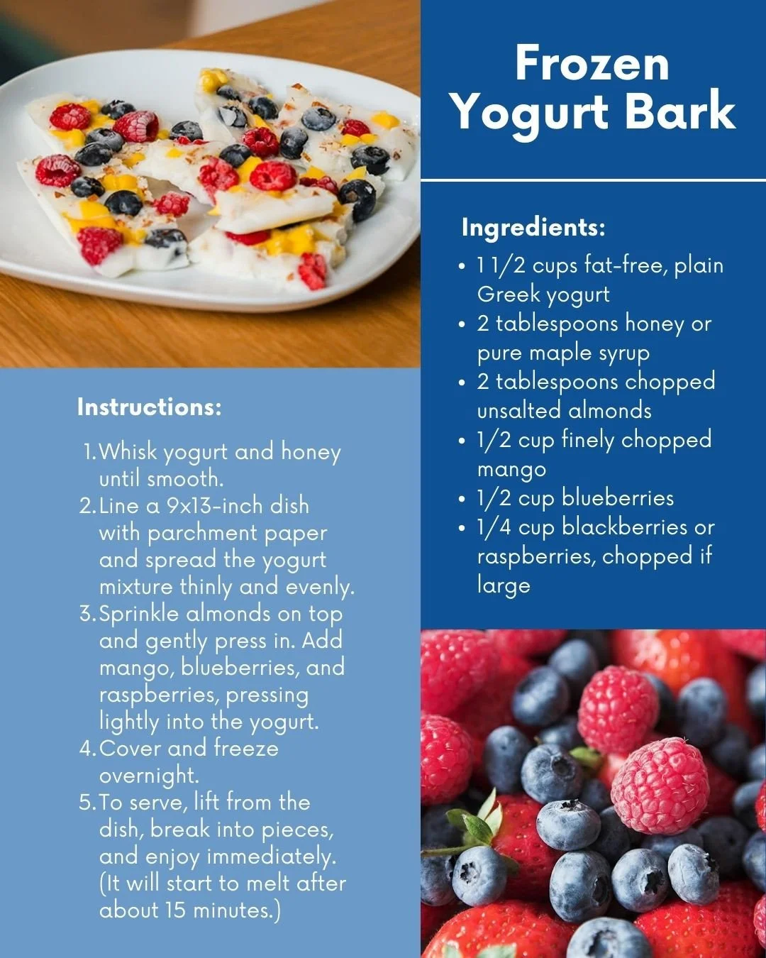 Looking for a heart-healthy, family-friendly snack?⁠
This Frozen Yogurt Bark is simple to make and full of fresh flavor. Because taking care of your health can be enjoyable. 🫐🍓