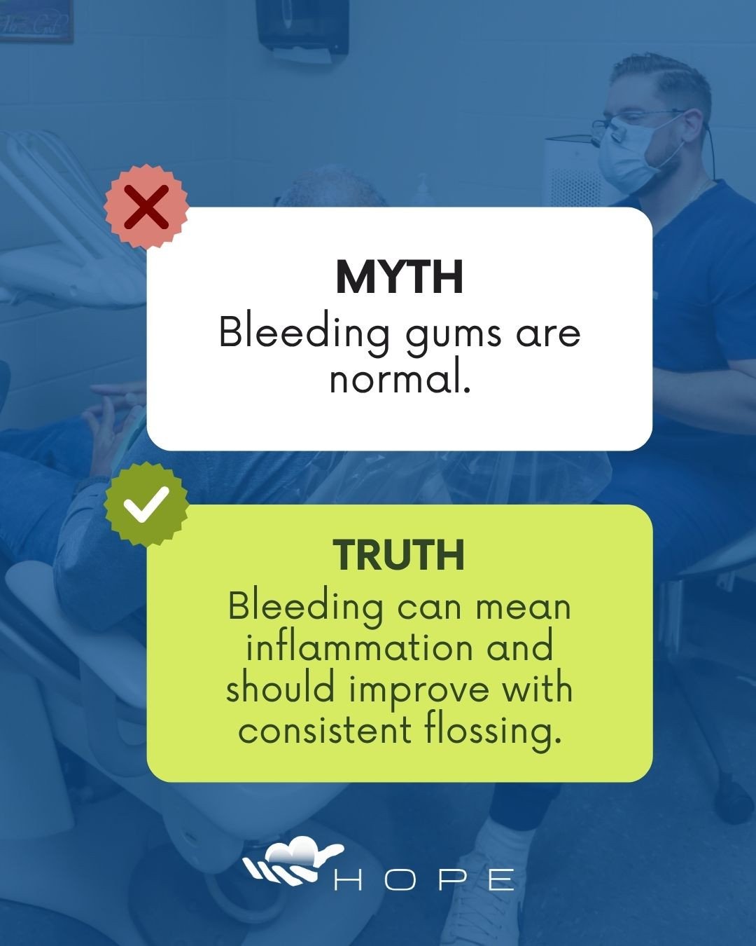 Myth: Bleeding gums are normal. ❌⁠
Truth: Bleeding can be a sign of inflammation and should improve with consistent flossing ✅⁠
If your gums keep bleeding or feel swollen, it may be time for a checkup. If you&rsquo;re uninsured, Hope Healthcare Servi