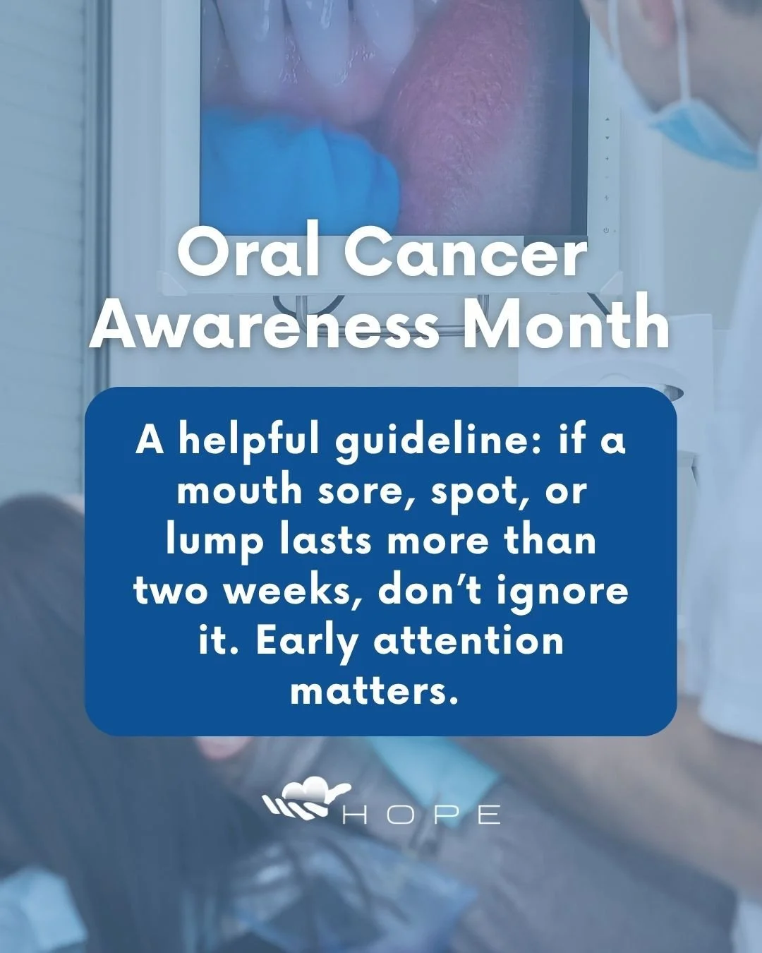 Oral Cancer Awareness Month reminder: if something lasts more than 2 weeks, don&rsquo;t ignore it. 🦷 If you&rsquo;re worried about symptoms and don&rsquo;t have insurance, call Hope. We&rsquo;ll help you understand next steps.
