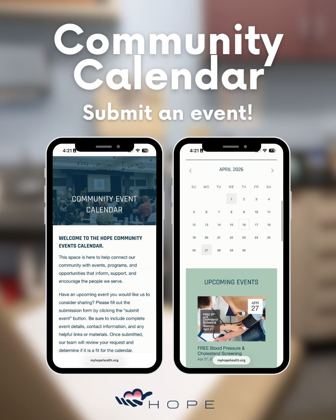 Know a program, workshop, or resource event that our people should not miss? Submit it to Hope&rsquo;s Community Calendar so it reaches the neighbors who need it. On our website today! 📅