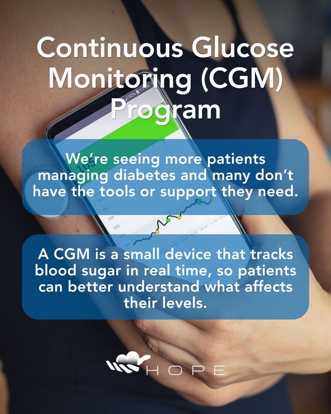 We&rsquo;re seeing more patients managing diabetes, and many don&rsquo;t have the tools or support they need. 💙⁠
Hope&rsquo;s CGM Program is here to help. 📈⁠
⁠
CGMs provide real-time glucose tracking so patients can better understand what impacts t